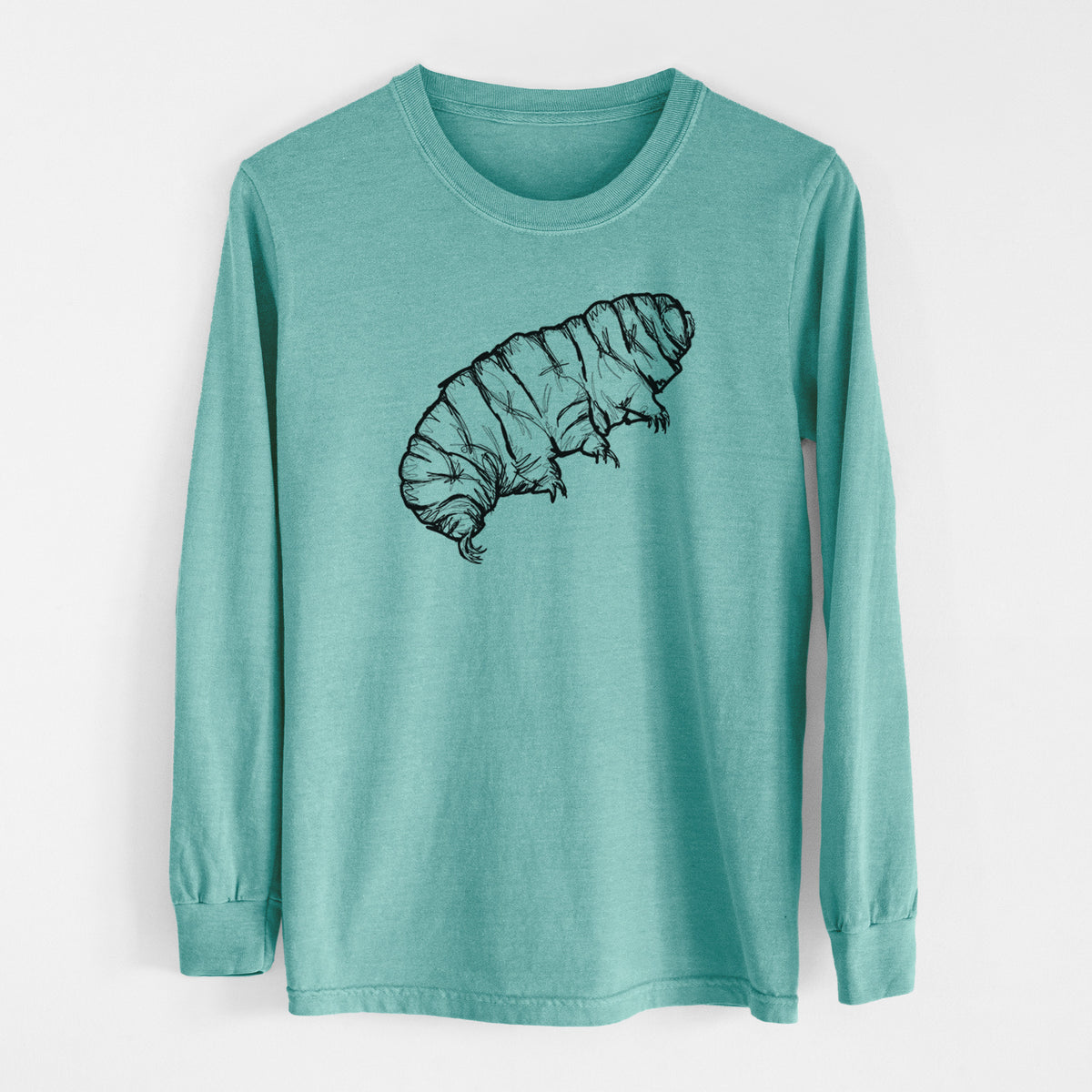 Reef green Comfort Colors long sleeve shirt laid flat, printed with a detailed black ink illustration of a tardigrade, or water bear.