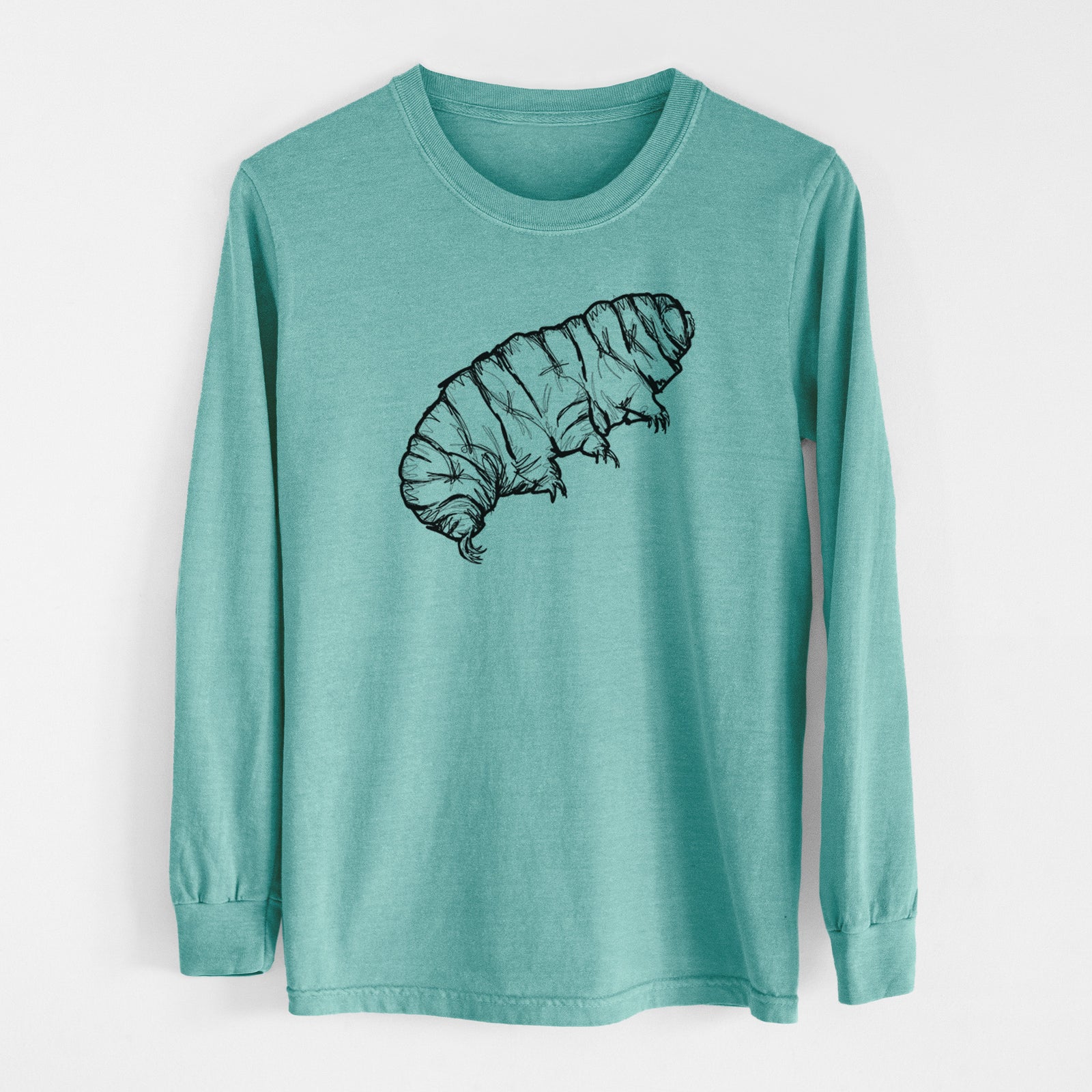Reef green Comfort Colors long sleeve shirt laid flat, printed with a detailed black ink illustration of a tardigrade, or water bear.