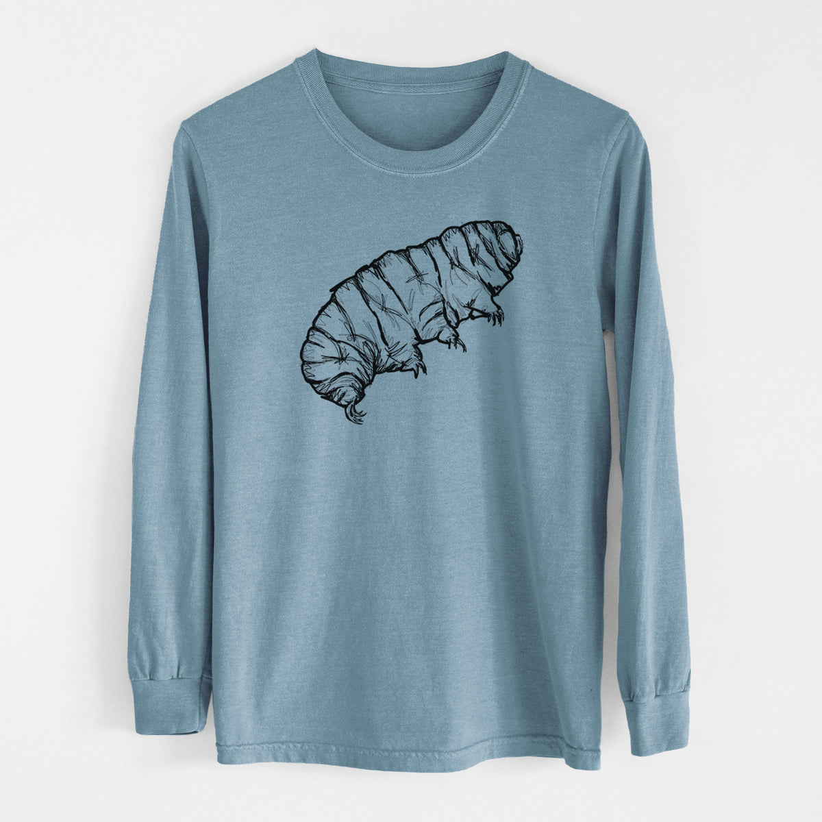 Steel blue Comfort Colors long sleeve shirt laid flat, printed with a detailed black ink illustration of a tardigrade, or water bear.