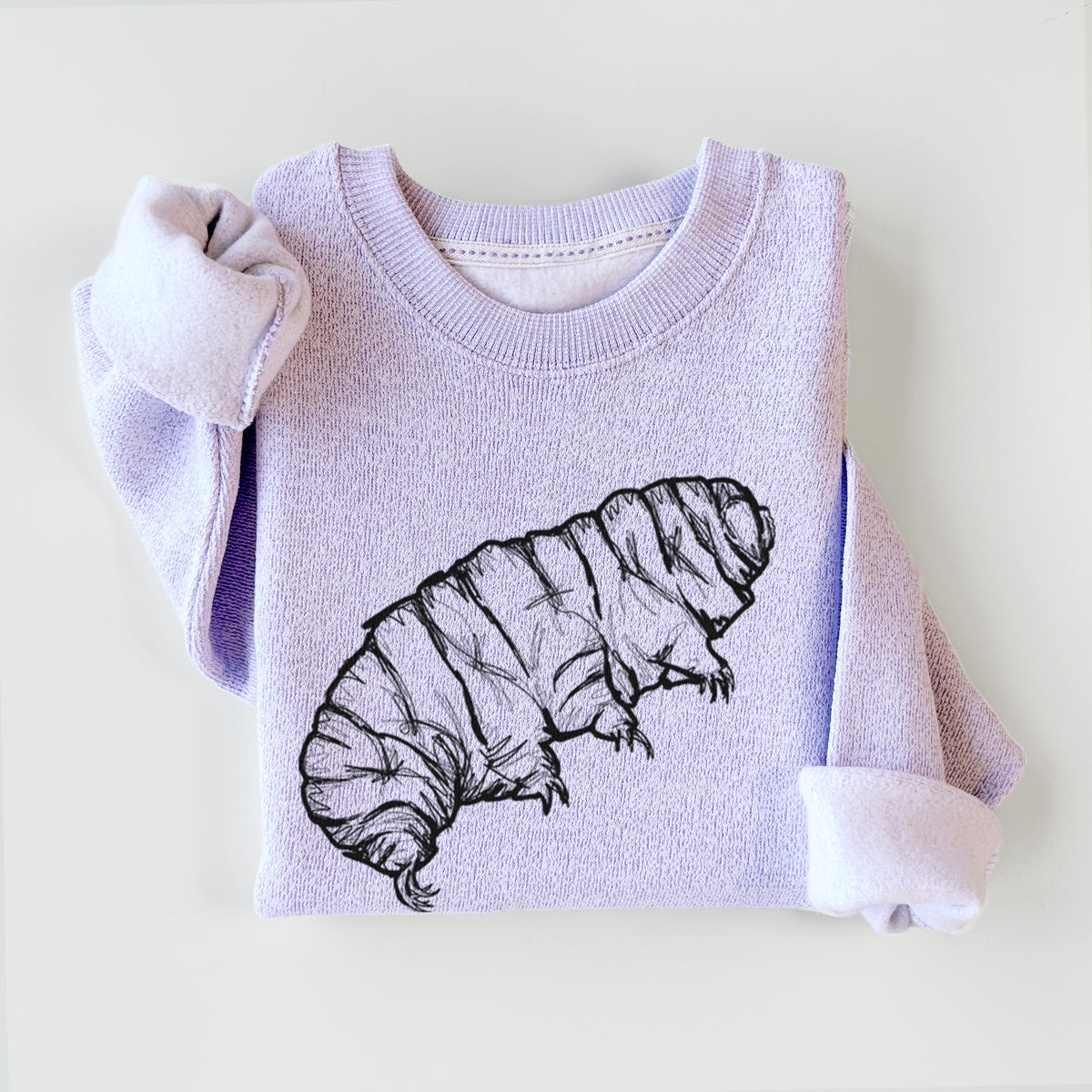 Ice purple knit sweatshirt printed with a detailed black ink illustration of a tardigrade, or water bear, styled flat.