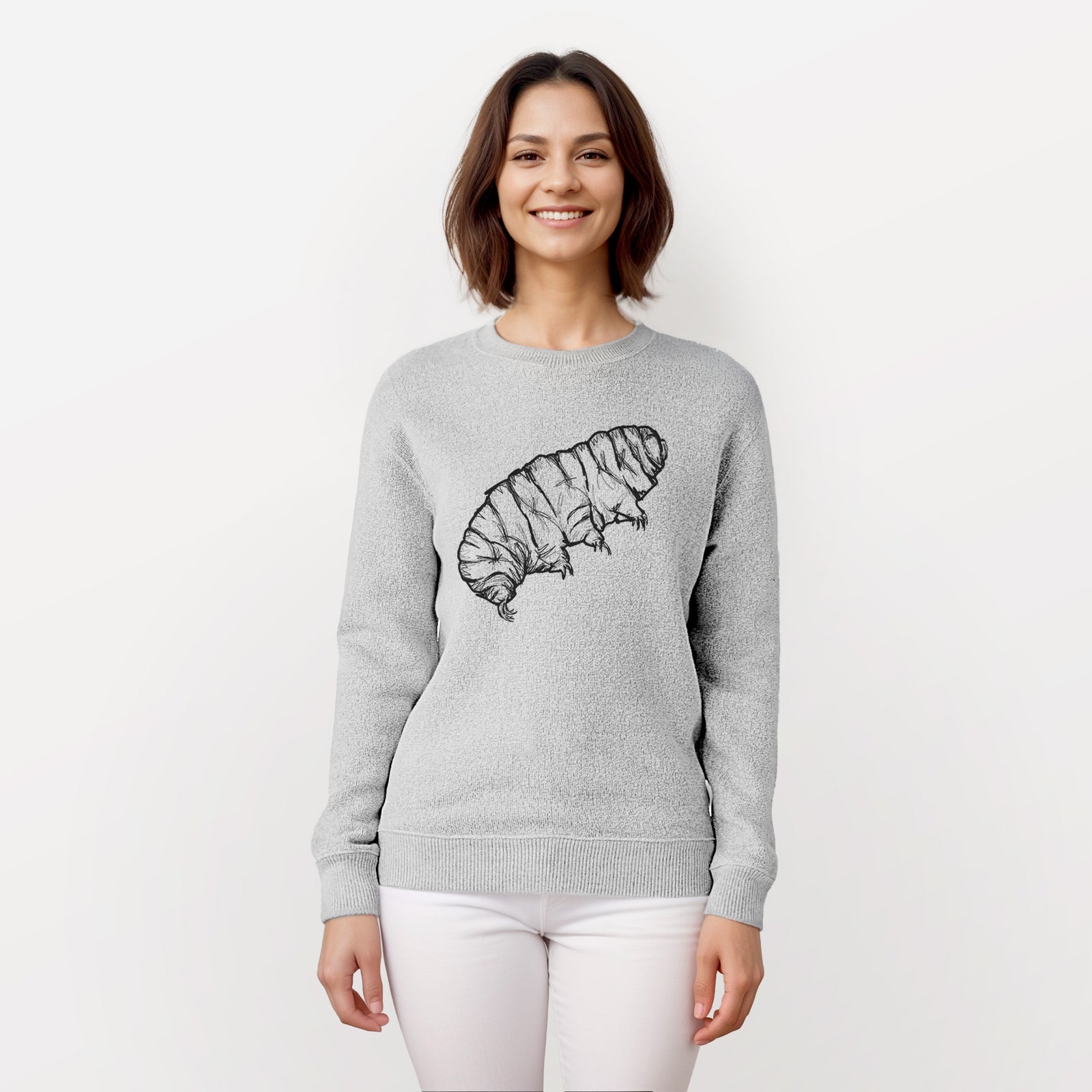 Salt and pepper knit sweatshirt laid flat, printed with a detailed black ink illustration of a tardigrade, or water bear.