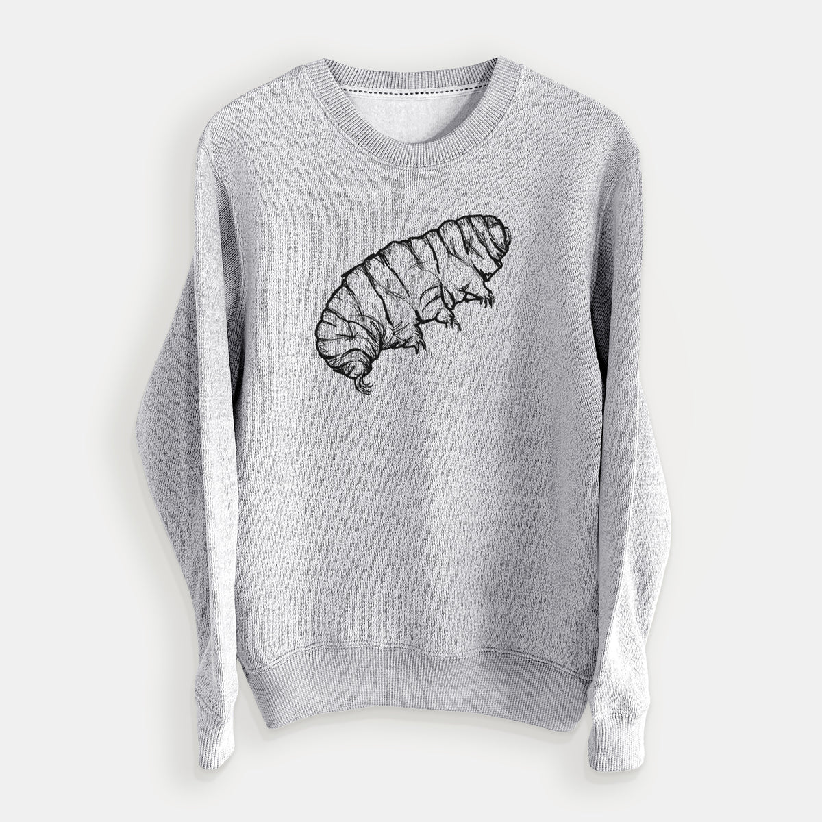 Salt and pepper knit sweatshirt laid flat, printed with a detailed black ink illustration of a tardigrade, or water bear.