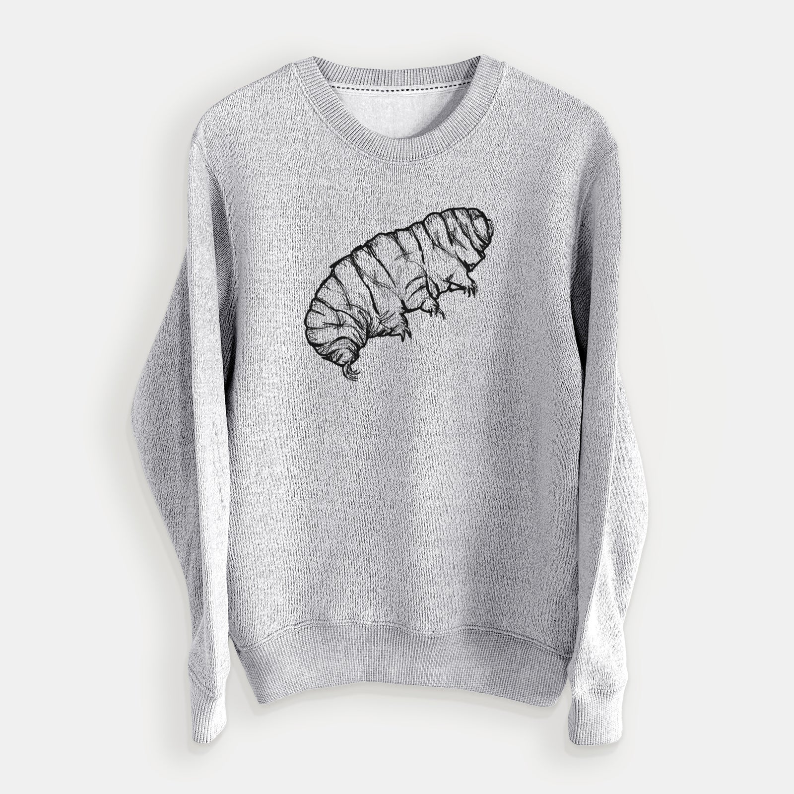 Salt and pepper knit sweatshirt laid flat, printed with a detailed black ink illustration of a tardigrade, or water bear.