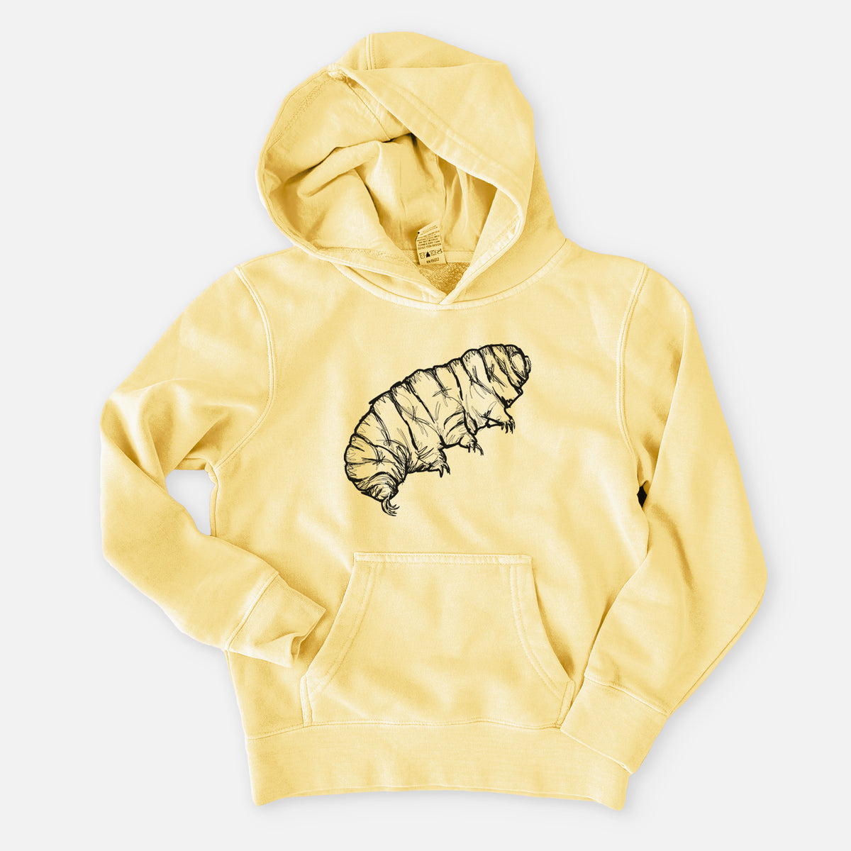 Pigment yellow youth pigment dyed hoodie laid flat, printed with a detailed black ink illustration of a tardigrade, or water bear.