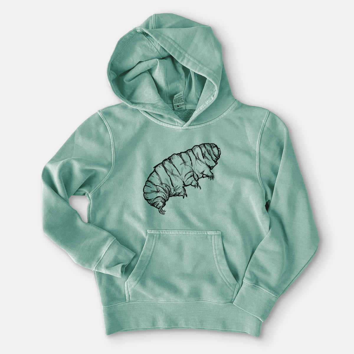 Sea green youth pigment dyed hoodie laid flat, printed with a detailed black ink illustration of a tardigrade, or water bear.