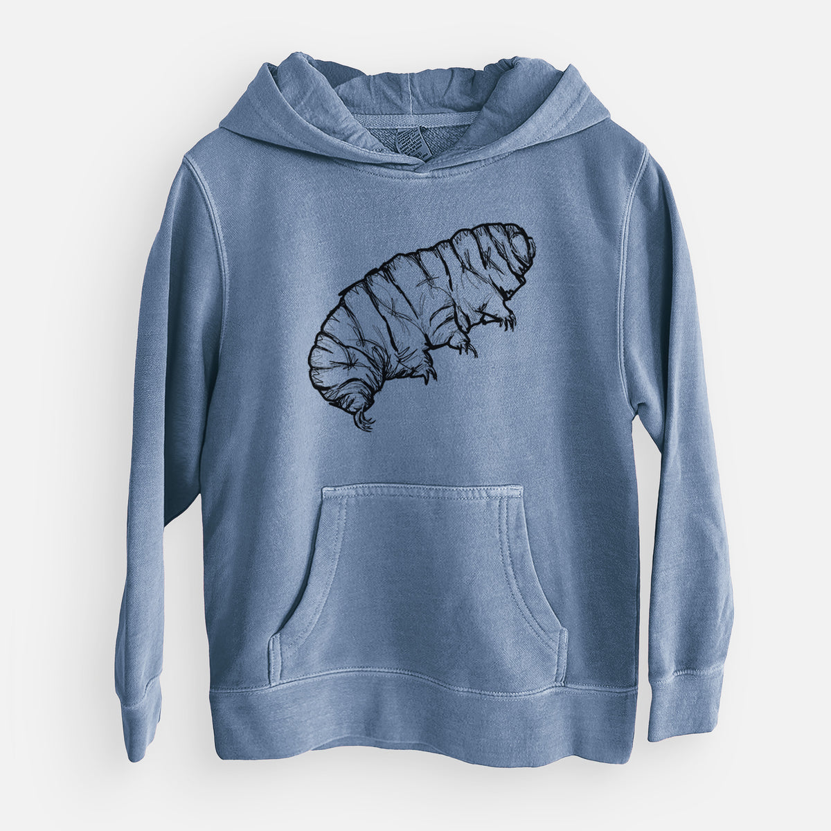Slate blue youth pigment dyed hoodie laid flat, printed with a detailed black ink illustration of a tardigrade, or water bear.