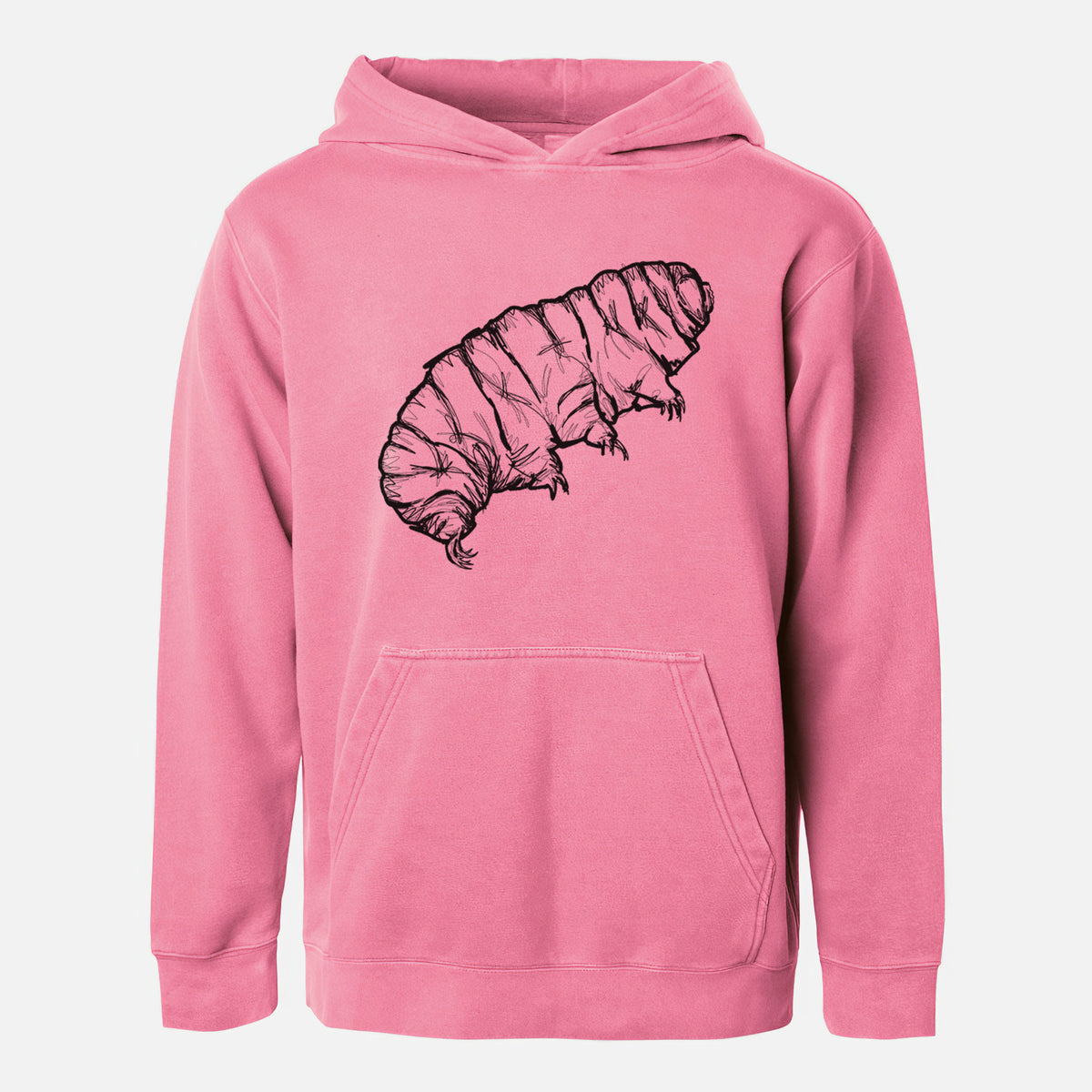 Pigment pink youth pigment dyed hoodie laid flat, printed with a detailed black ink illustration of a tardigrade, or water bear.