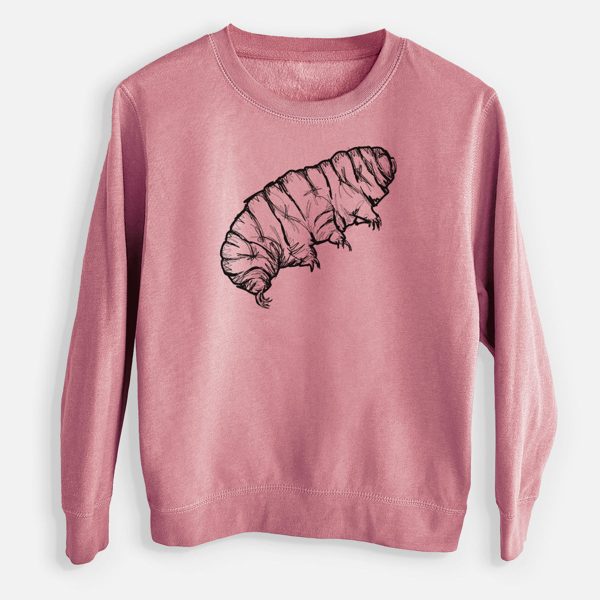 Mauve pink youth crewneck sweatshirt laid flat, printed with a detailed black ink illustration of a tardigrade, or water bear.