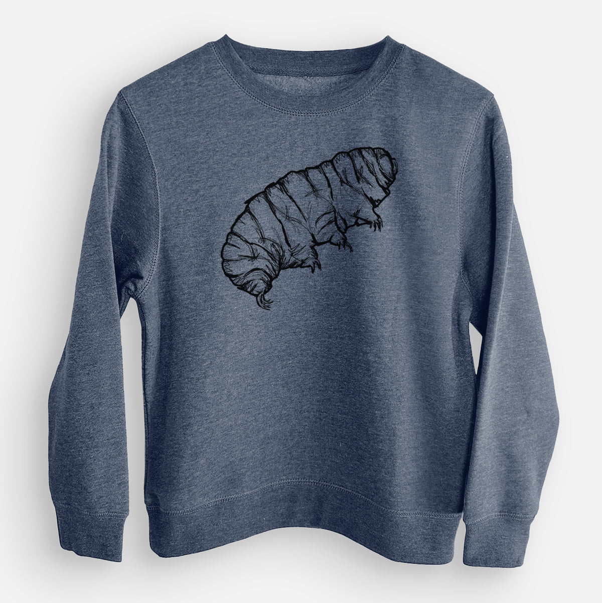 Storm blue youth crewneck sweatshirt laid flat, printed with a detailed black ink illustration of a tardigrade, or water bear.