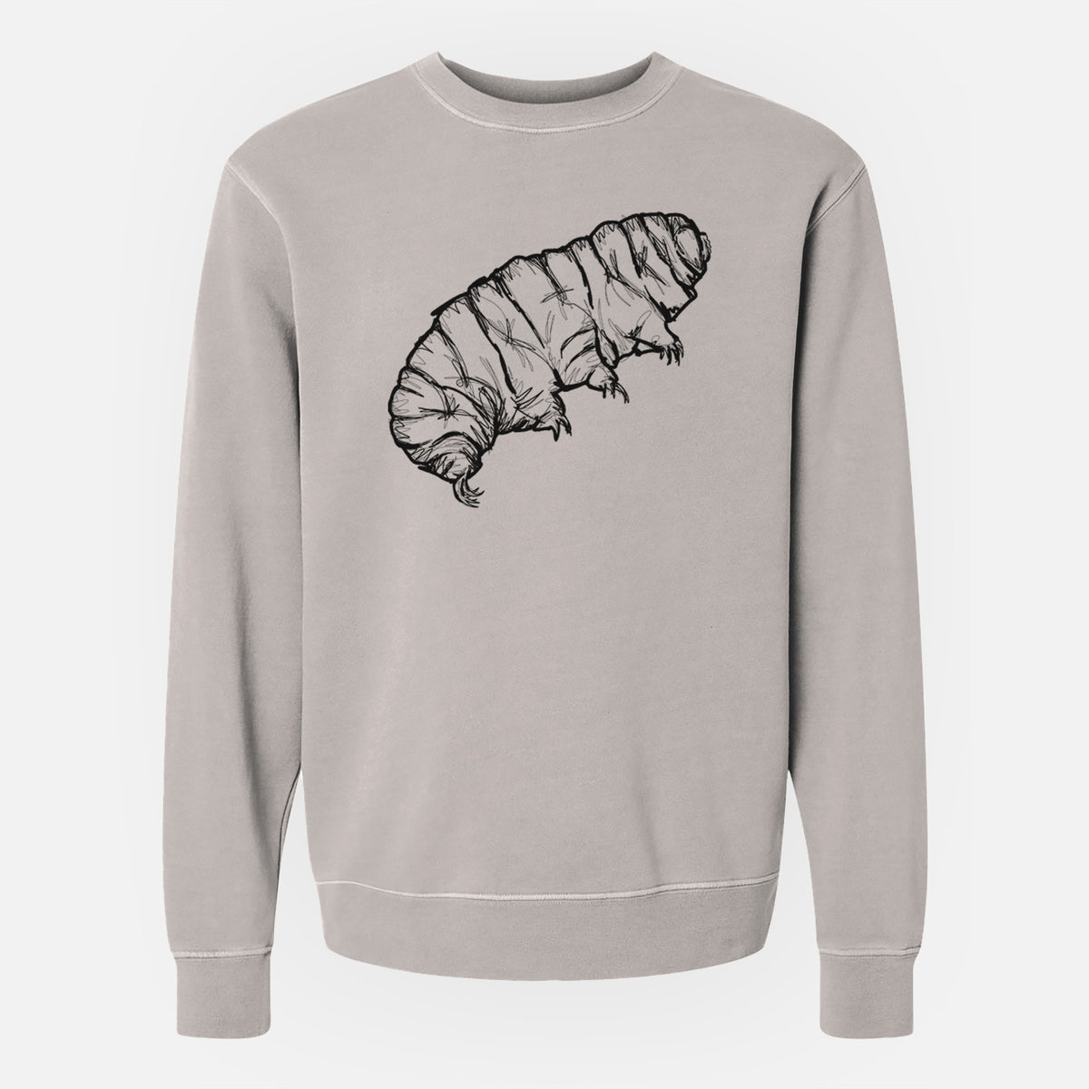 Cement grey pigment dyed crewneck sweatshirt laid flat, printed with a detailed black ink illustration of a tardigrade, or water bear.