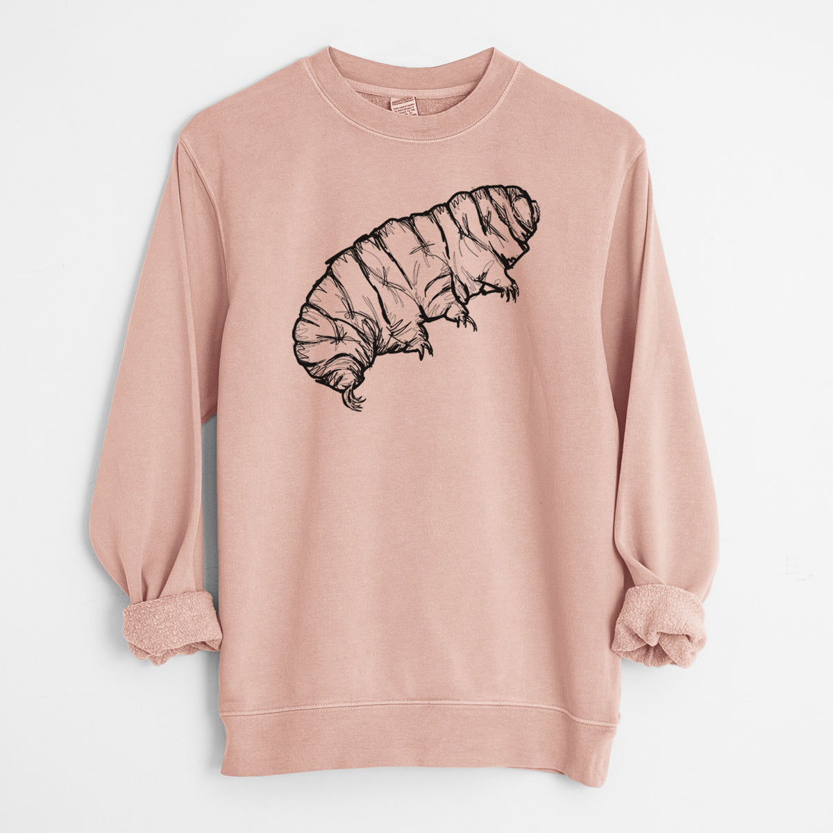 Dusty pink pigment dyed crewneck sweatshirt laid flat with the sleeves rolled, printed with a detailed black ink illustration of a tardigrade, or water bear.