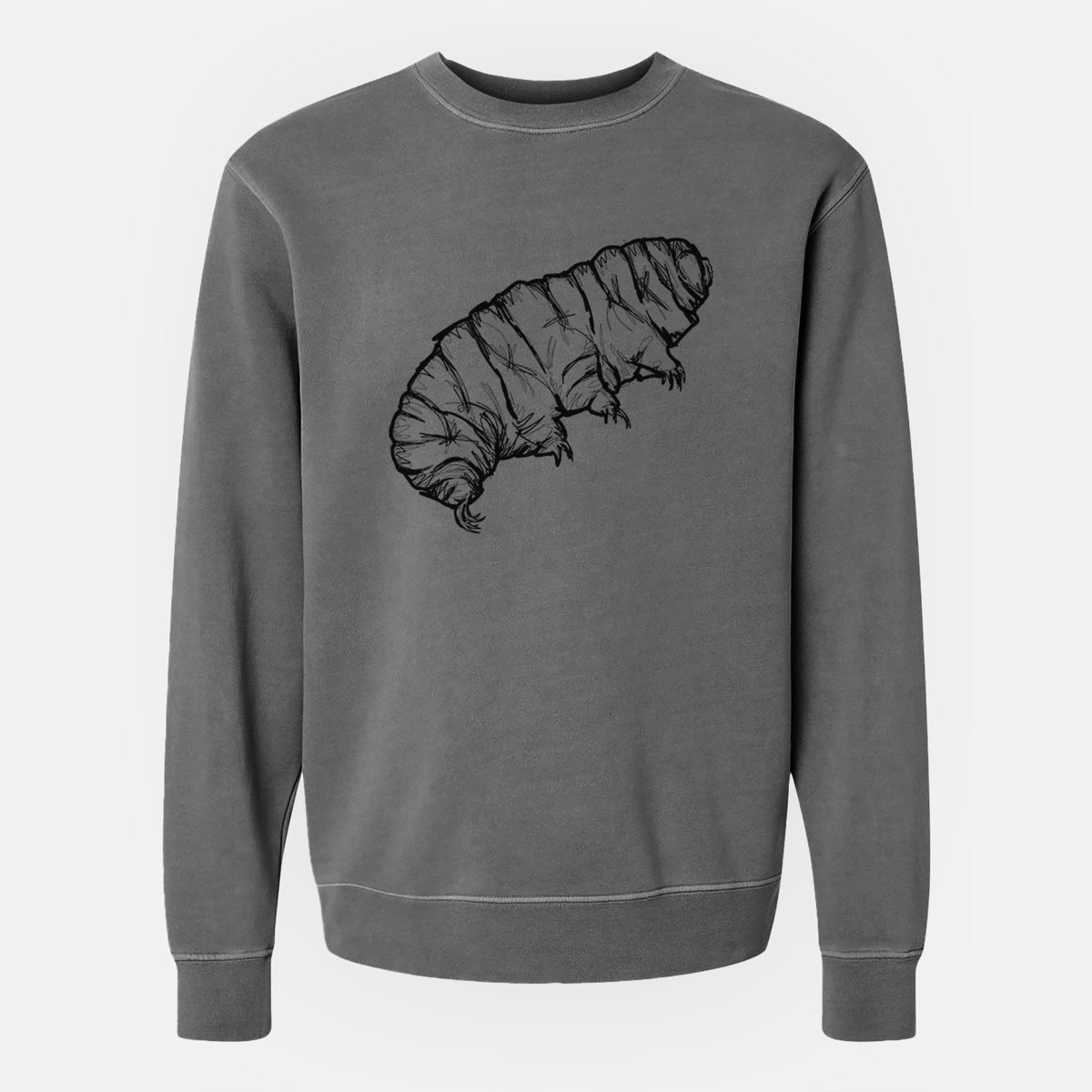 Faded black pigment dyed crewneck sweatshirt laid flat, printed with a detailed black ink illustration of a tardigrade, or water bear.