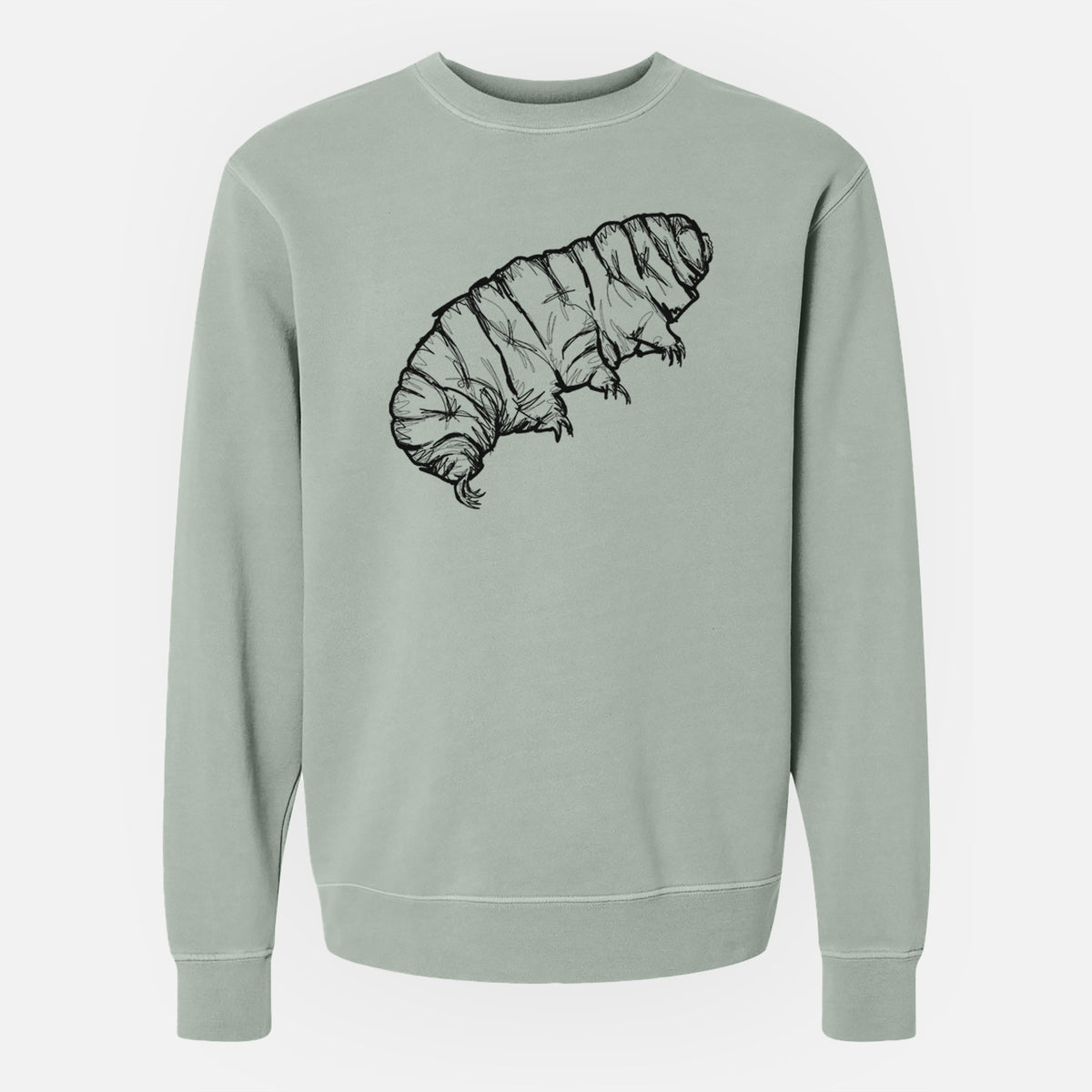 Sage green pigment dyed crewneck sweatshirt laid flat, printed with a detailed black ink illustration of a tardigrade, or water bear.