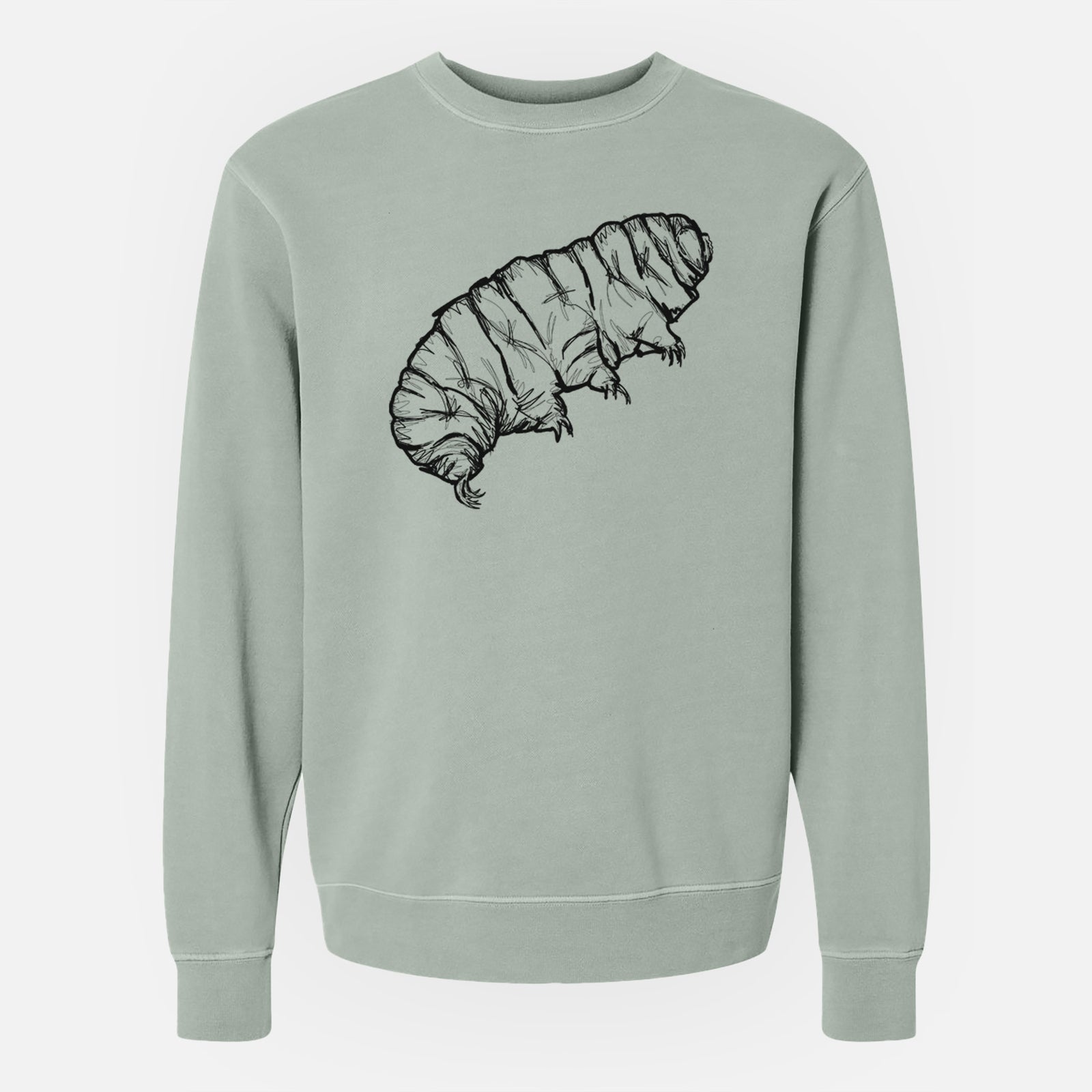 Sage green pigment dyed crewneck sweatshirt laid flat, printed with a detailed black ink illustration of a tardigrade, or water bear.