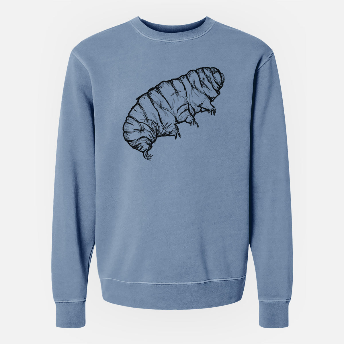 Slate blue pigment dyed crewneck sweatshirt laid flat, printed with a detailed black ink illustration of a tardigrade, or water bear.
