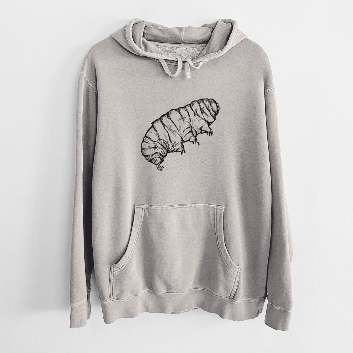 Cement grey pigment dyed hoodie laid flat, printed with a detailed black ink illustration of a tardigrade, or water bear.