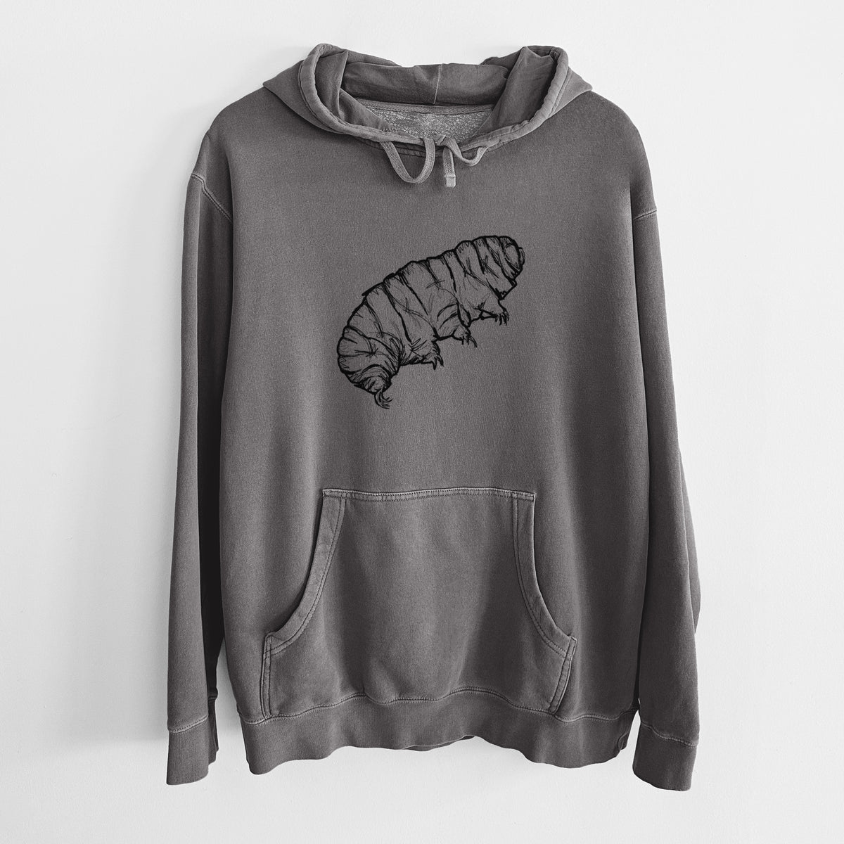 Faded black pigment dyed hoodie laid flat, printed with a detailed black ink illustration of a tardigrade, or water bear.