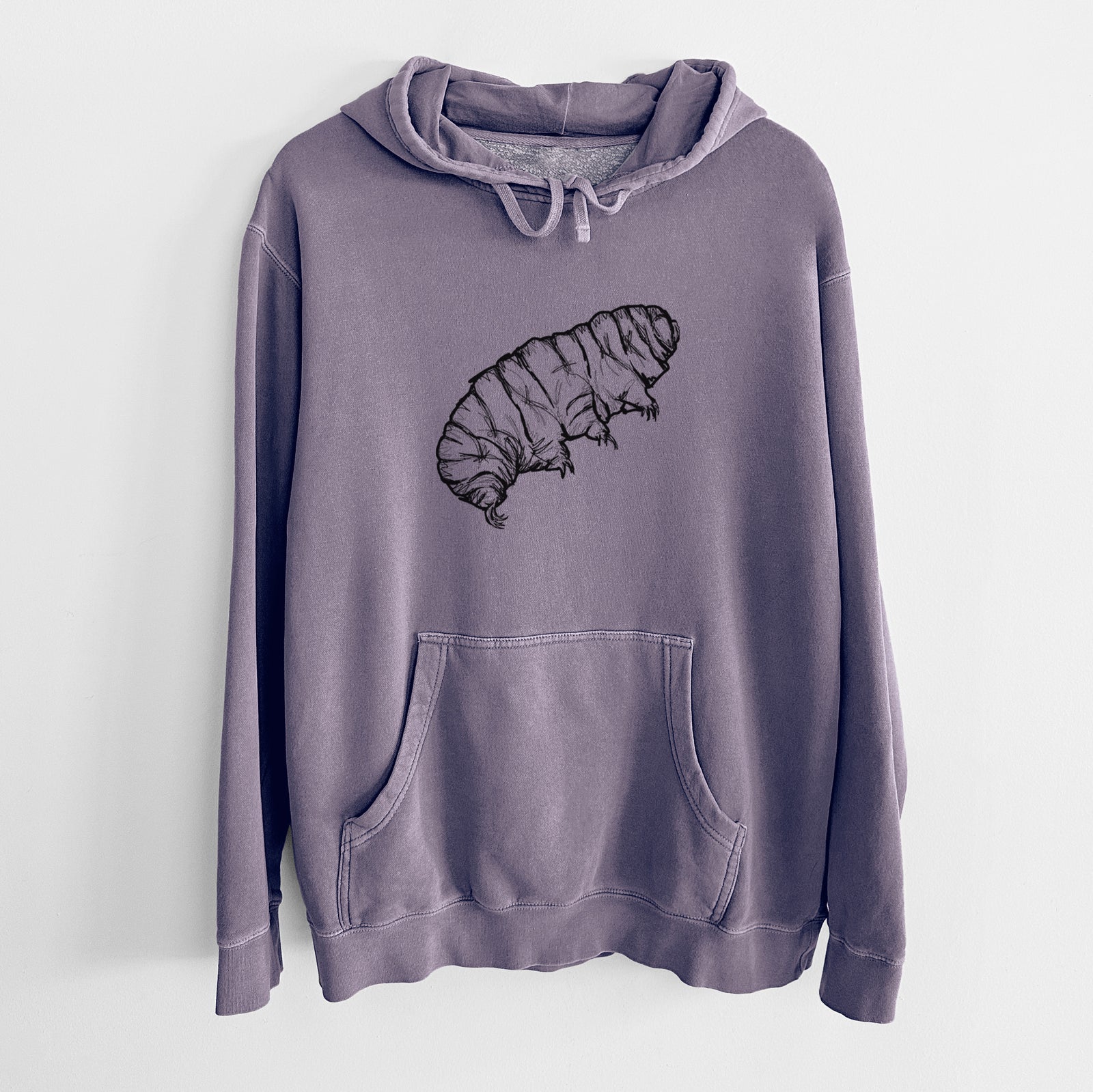 Plum purple pigment dyed hoodie laid flat, printed with a detailed black ink illustration of a tardigrade, or water bear.