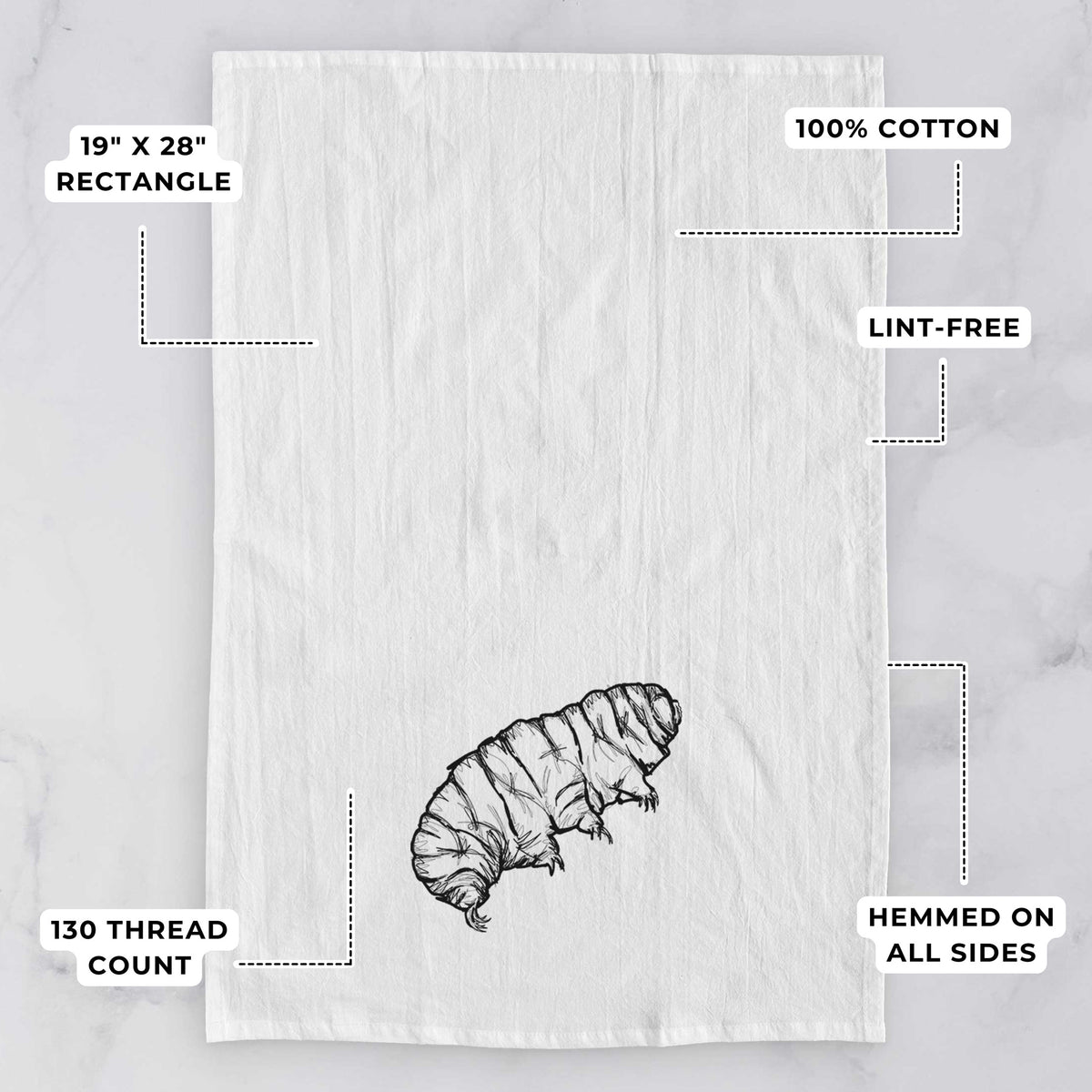 White tea towel printed with a detailed black ink illustration of a tardigrade, or water bear, with feature labels: 19 by 28 inch rectangle, 100% cotton, lint-free, 130 thread count, hemmed on all sides.
