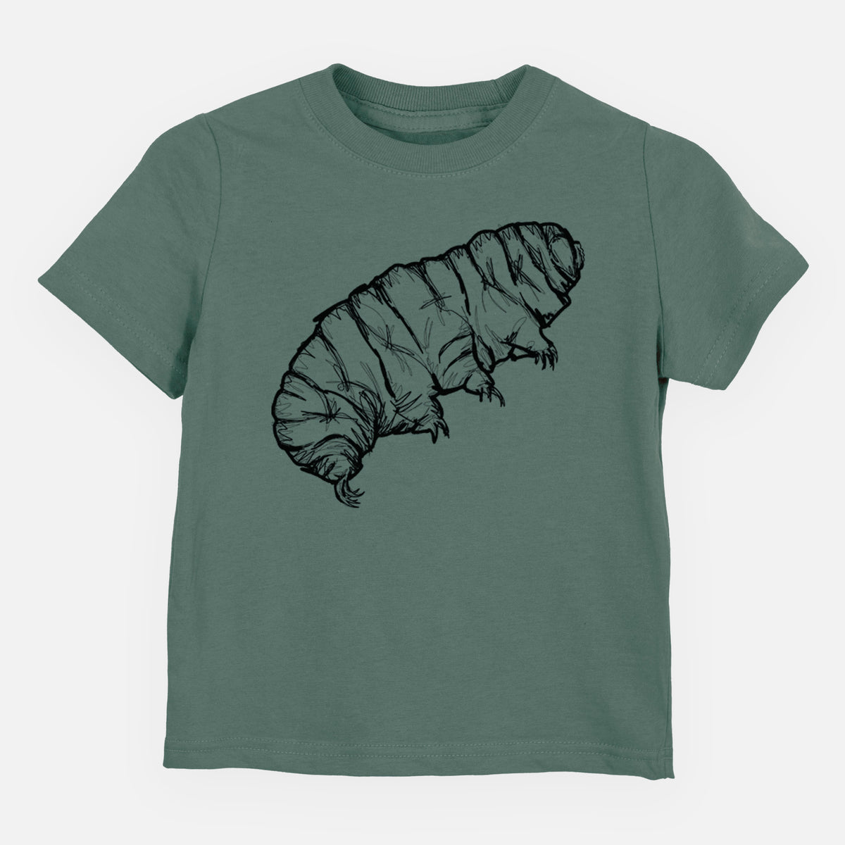 Basil green toddler t-shirt laid flat, printed with a detailed black ink illustration of a tardigrade, or water bear.
