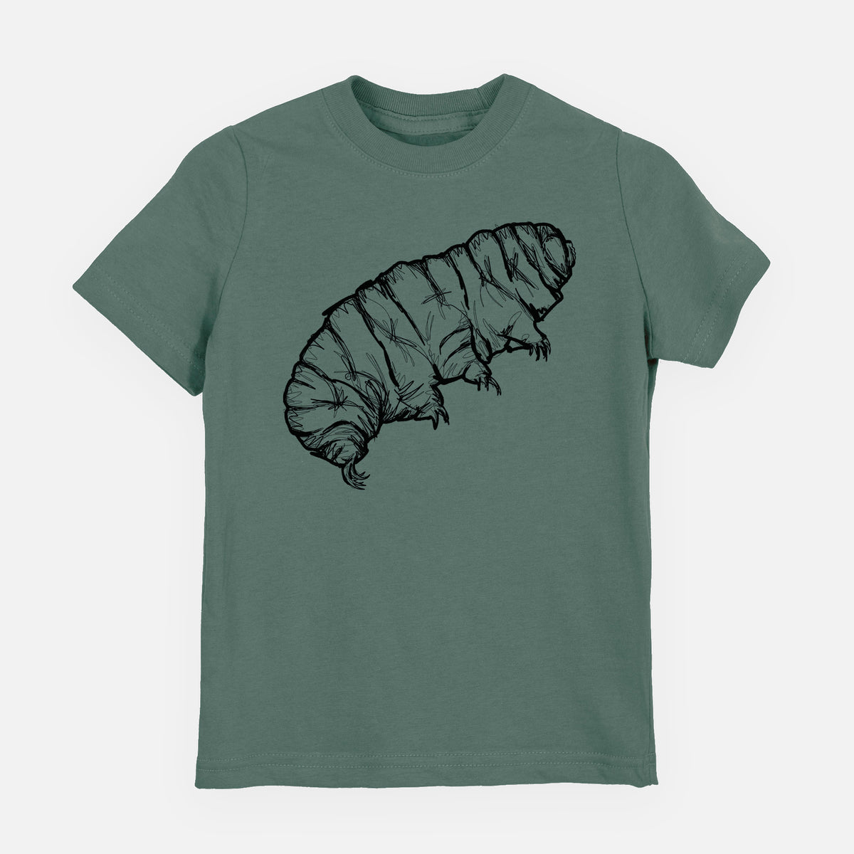 Basil green youth t-shirt laid flat, printed with a detailed black ink illustration of a tardigrade, or water bear.
