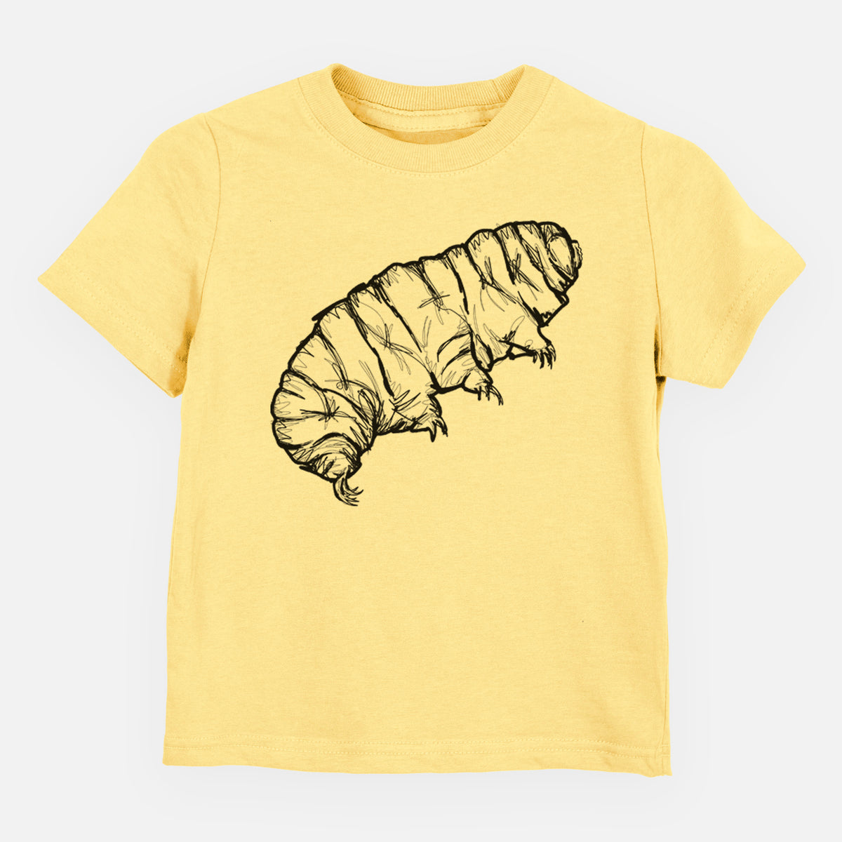 Butter yellow toddler t-shirt laid flat, printed with a detailed black ink illustration of a tardigrade, or water bear.