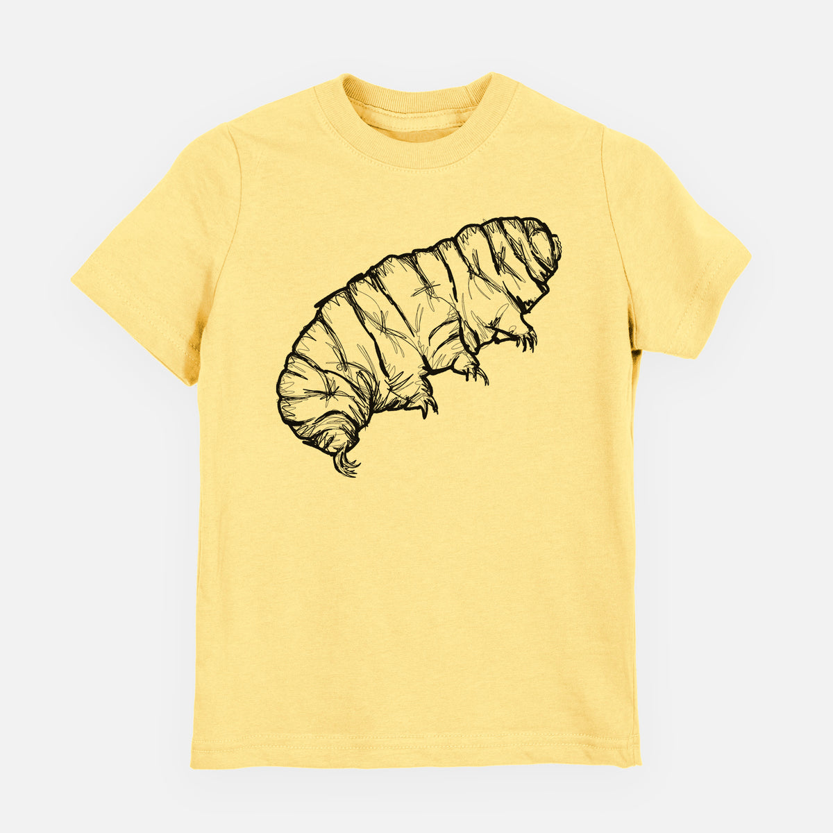 Butter yellow youth t-shirt laid flat, printed with a detailed black ink illustration of a tardigrade, or water bear.