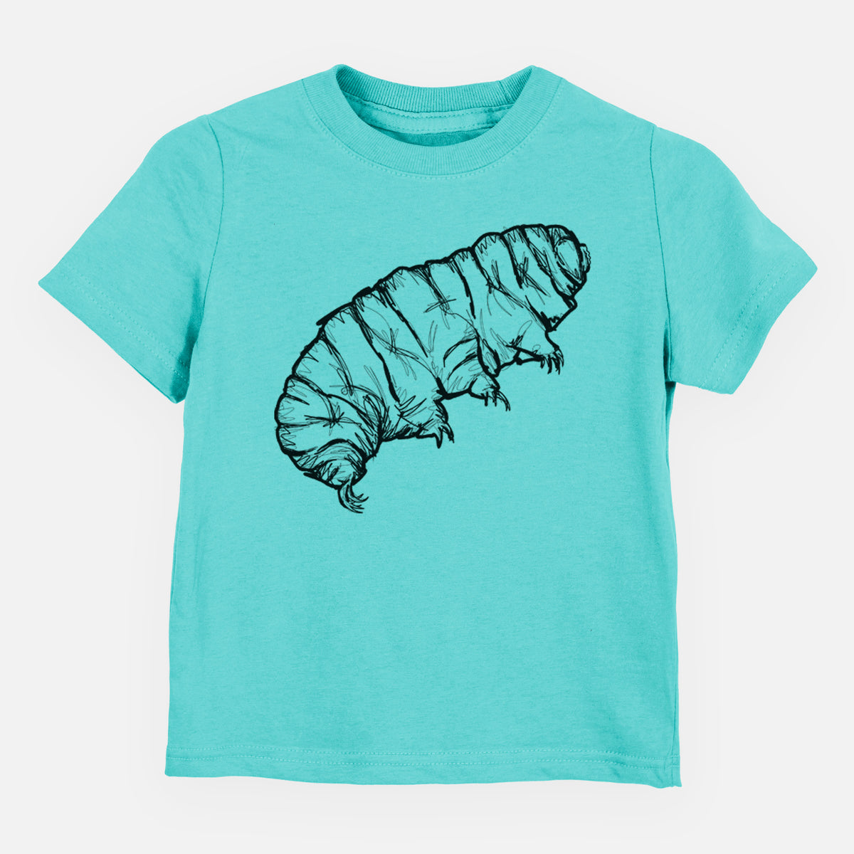 Caribbean blue toddler t-shirt laid flat, printed with a detailed black ink illustration of a tardigrade, or water bear.
