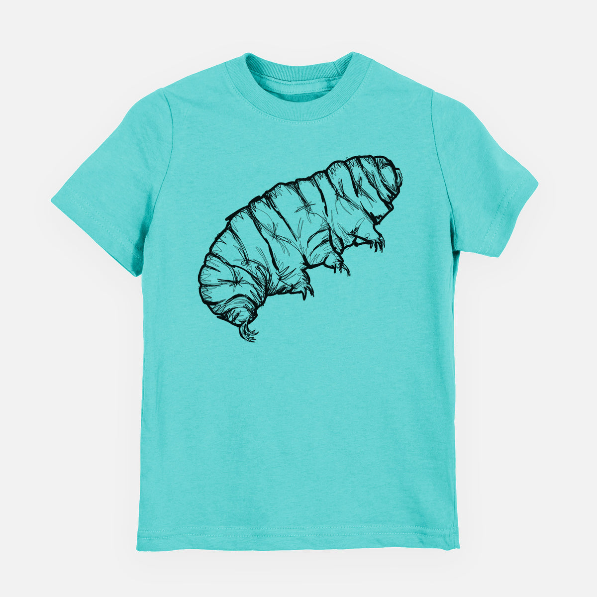 Caribbean blue youth t-shirt laid flat, printed with a detailed black ink illustration of a tardigrade, or water bear.