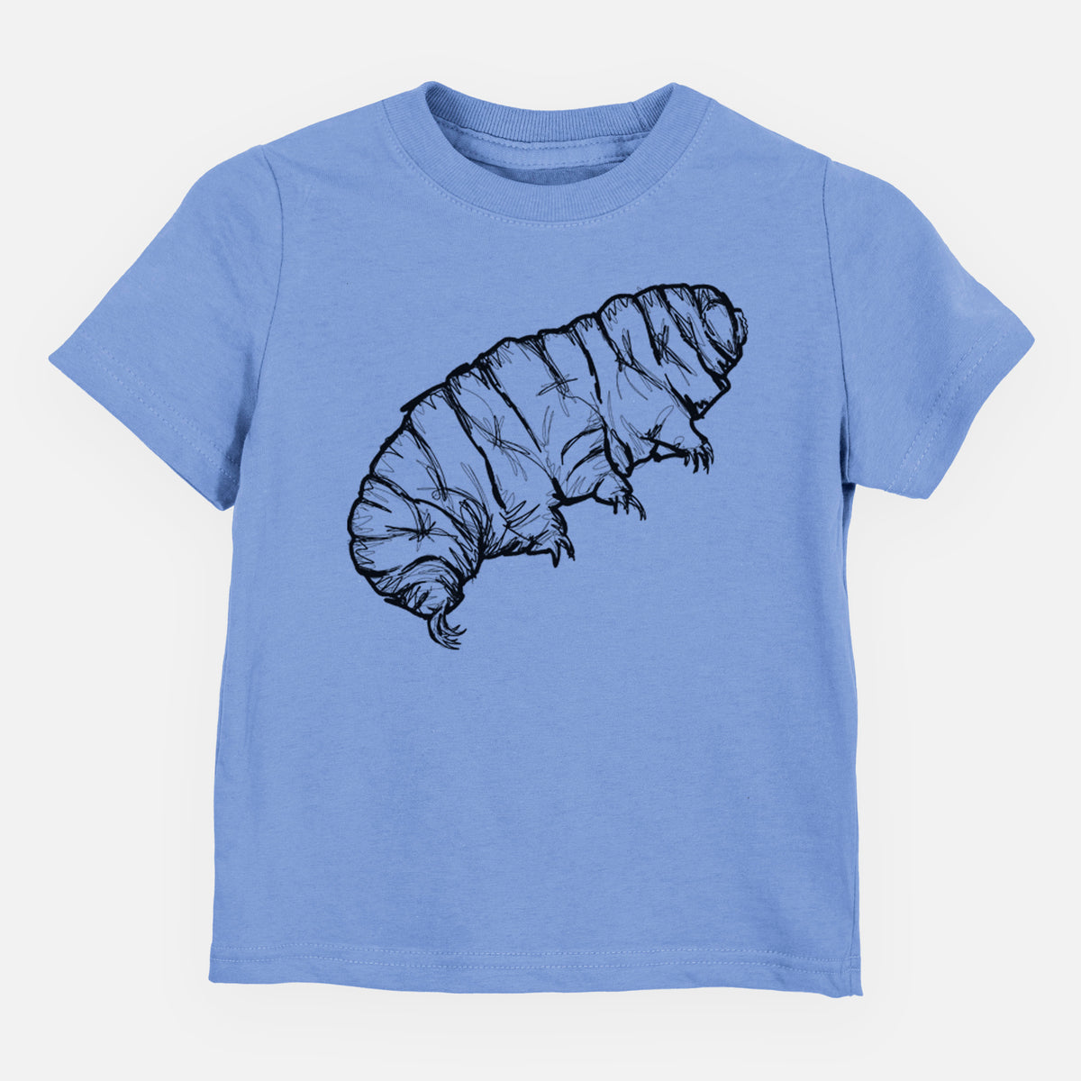 Carolina blue toddler t-shirt laid flat, printed with a detailed black ink illustration of a tardigrade, or water bear.