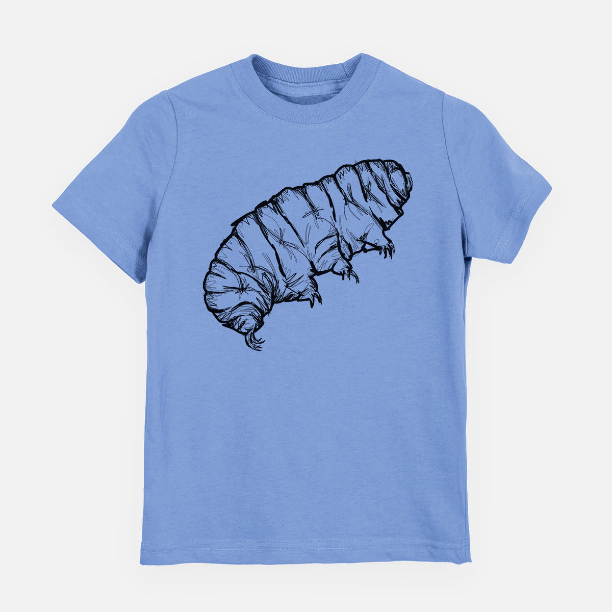 Carolina blue youth t-shirt laid flat, printed with a detailed black ink illustration of a tardigrade, or water bear.