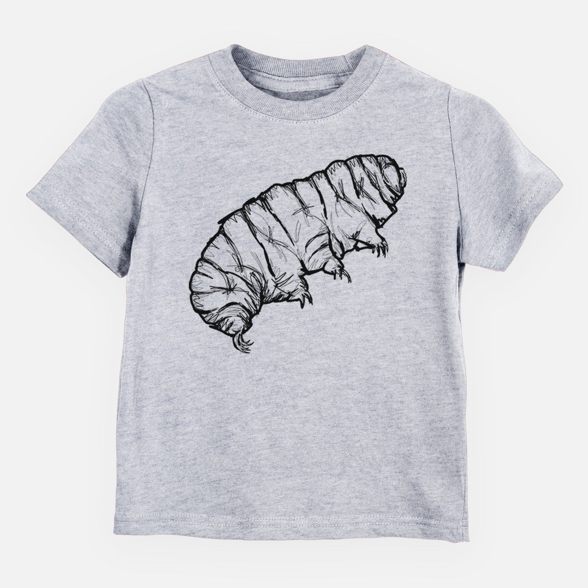 Heather grey toddler t-shirt laid flat, printed with a detailed black ink illustration of a tardigrade, or water bear.