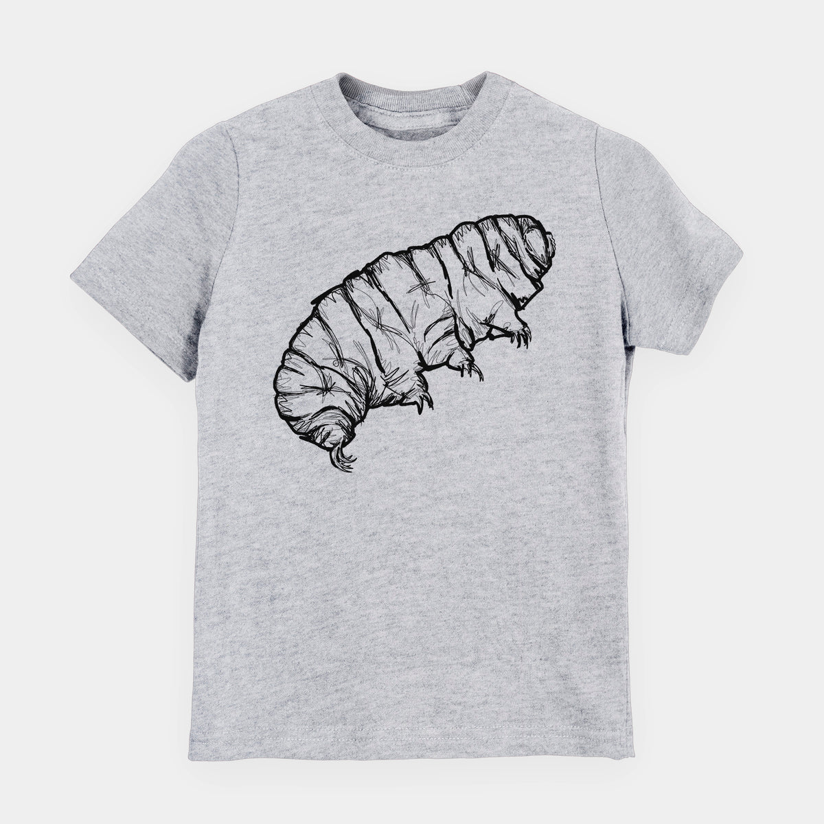Heather grey youth t-shirt laid flat, printed with a detailed black ink illustration of a tardigrade, or water bear.