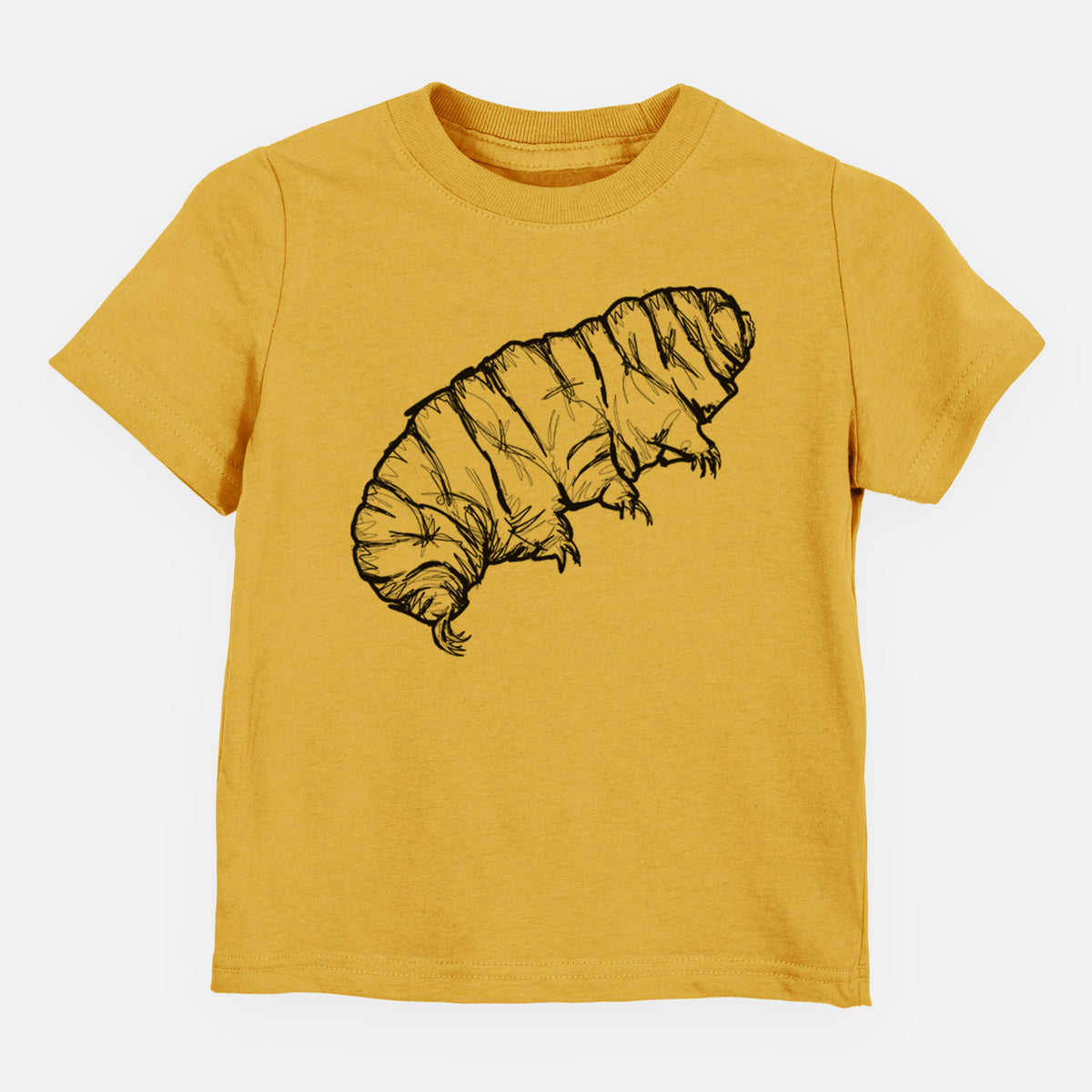 Honeycomb yellow toddler t-shirt laid flat, printed with a detailed black ink illustration of a tardigrade, or water bear.