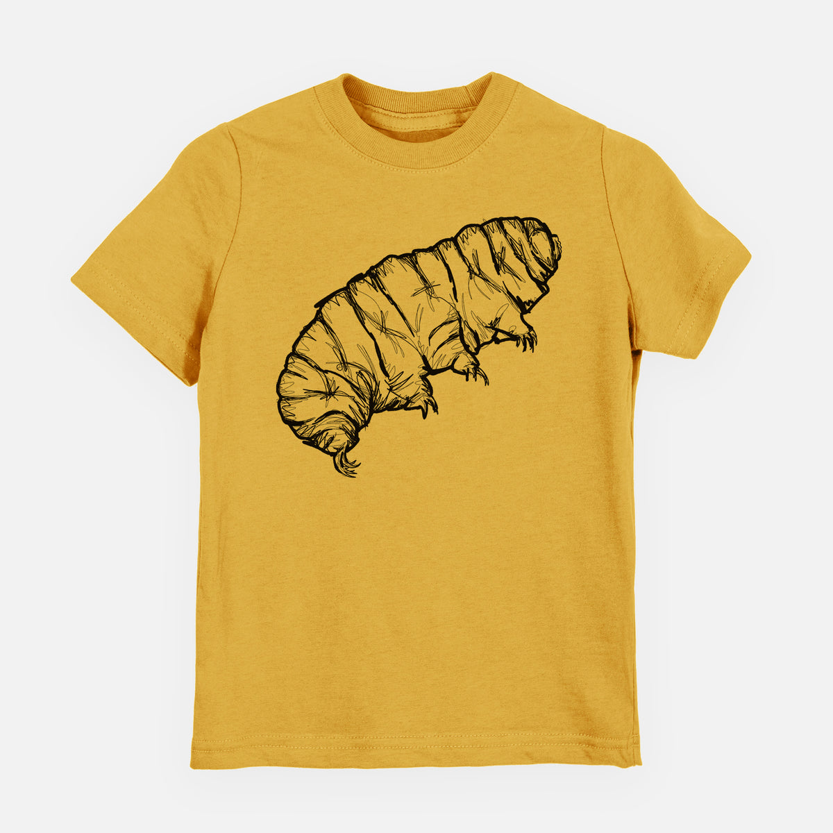 Honeycomb yellow youth t-shirt laid flat, printed with a detailed black ink illustration of a tardigrade, or water bear.