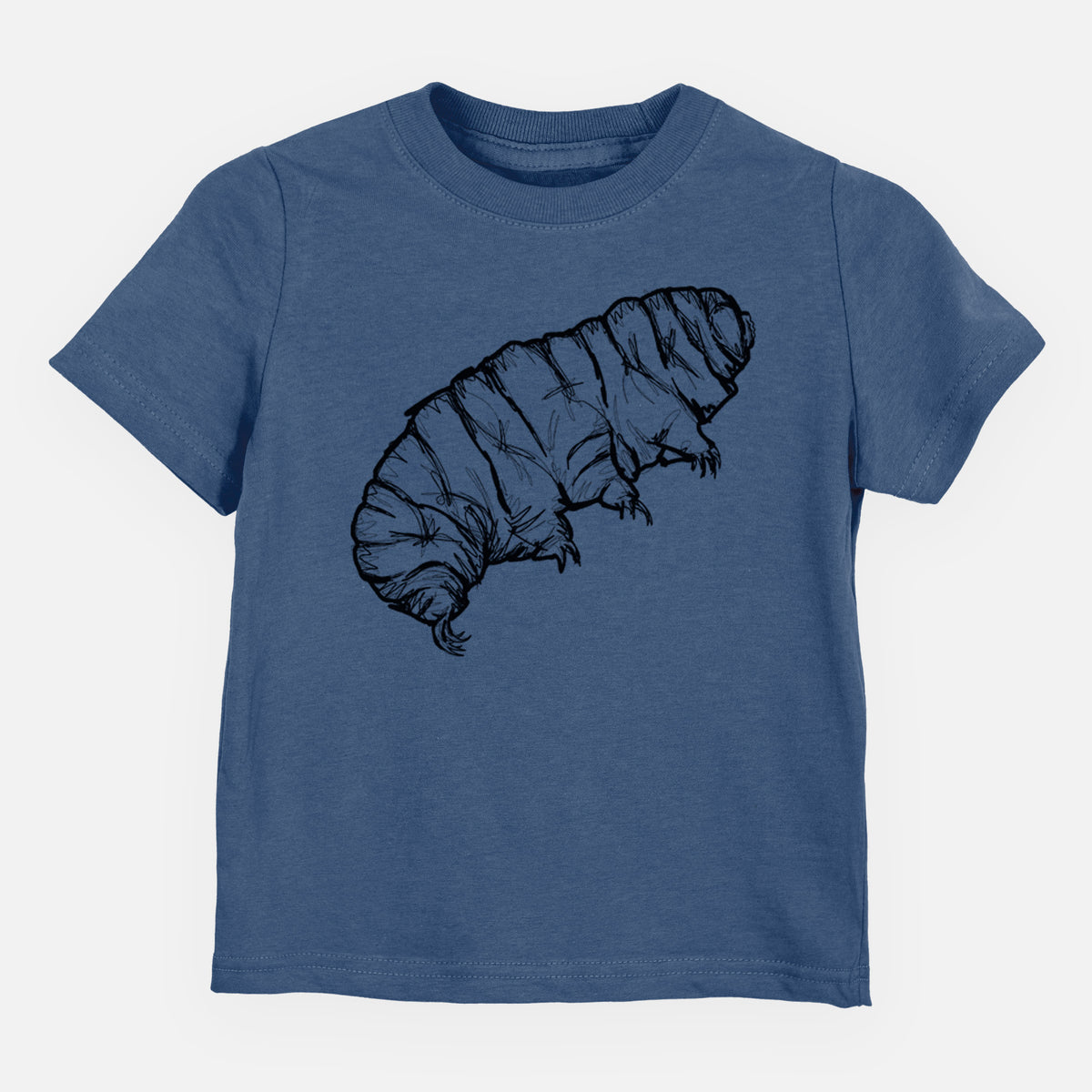 Indigo blue toddler t-shirt laid flat, printed with a detailed black ink illustration of a tardigrade, or water bear.