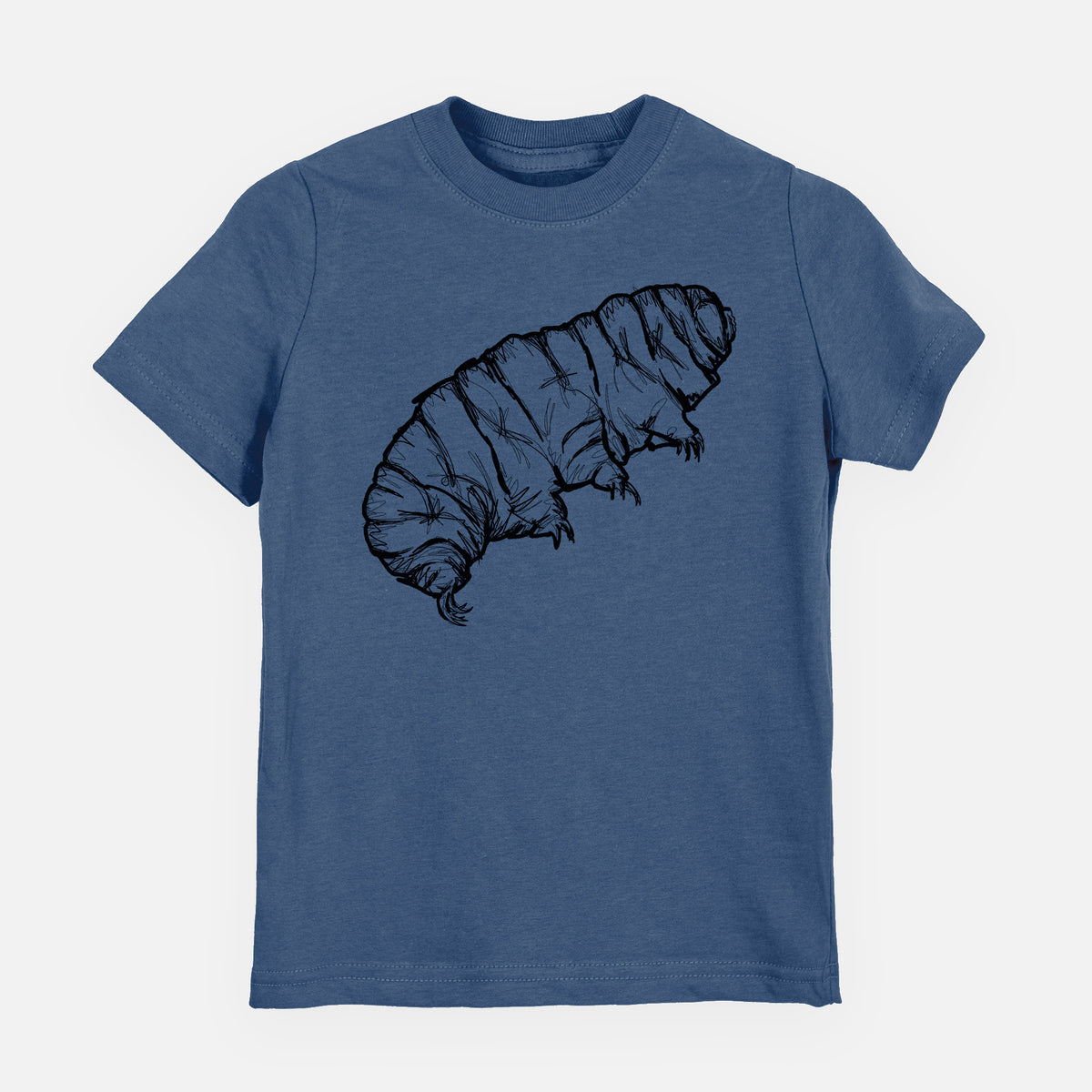 Indigo blue youth t-shirt laid flat, printed with a detailed black ink illustration of a tardigrade, or water bear.