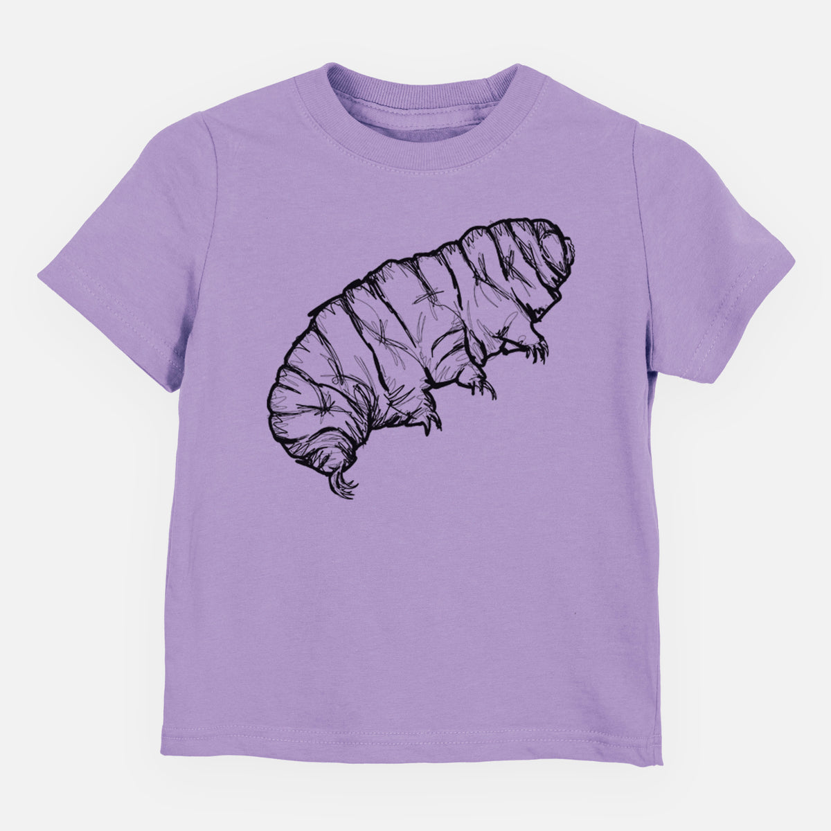 Lavender toddler t-shirt laid flat, printed with a detailed black ink illustration of a tardigrade, or water bear.