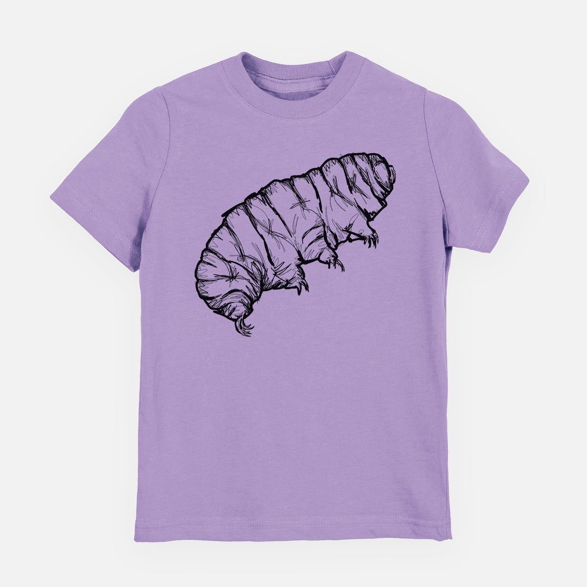 Lavender youth t-shirt laid flat, printed with a detailed black ink illustration of a tardigrade, or water bear.