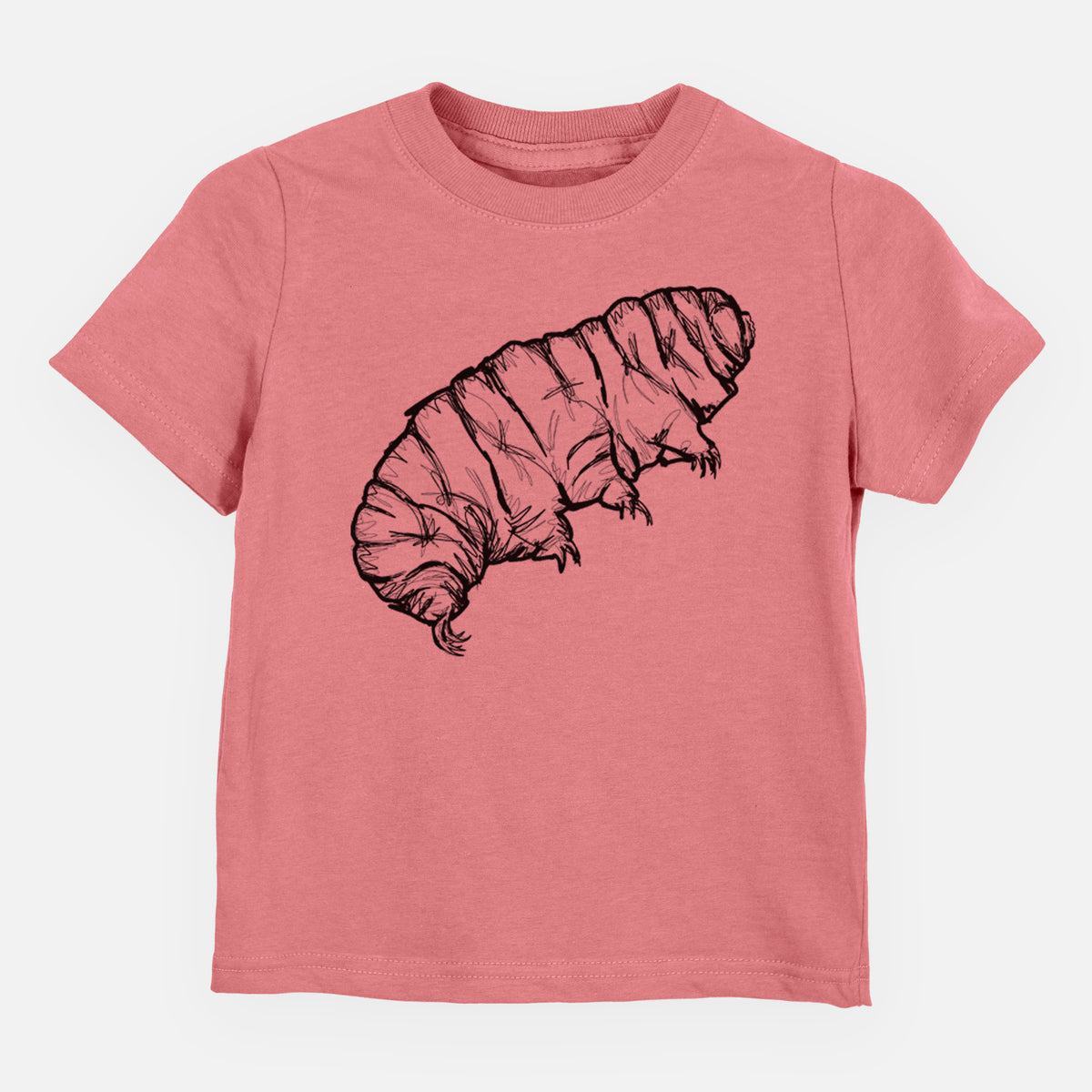 Mauve pink toddler t-shirt laid flat, printed with a detailed black ink illustration of a tardigrade, or water bear.