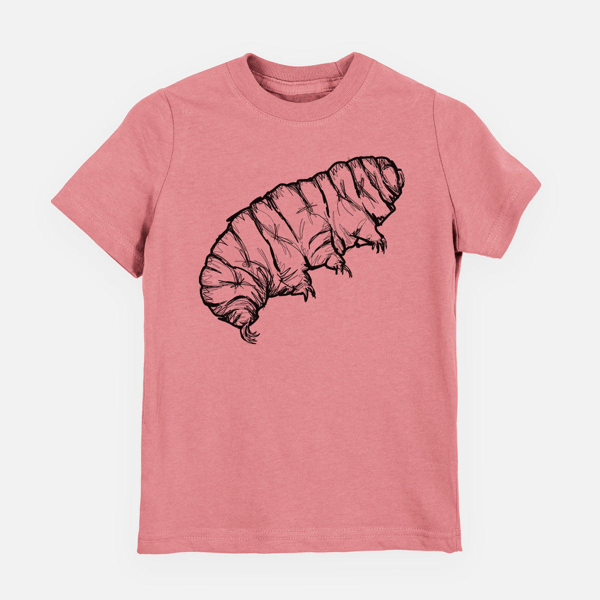 Mauve pink youth t-shirt laid flat, printed with a detailed black ink illustration of a tardigrade, or water bear.