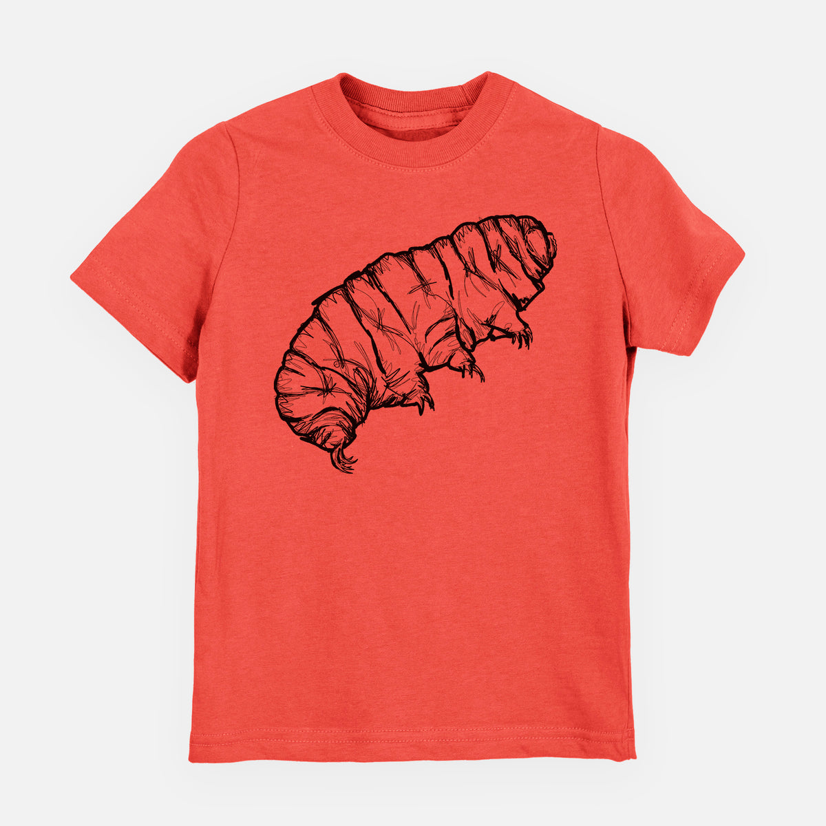 Passionfruit pink youth t-shirt laid flat, printed with a detailed black ink illustration of a tardigrade, or water bear.
