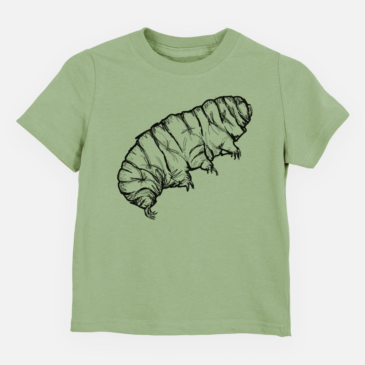 Sage green toddler t-shirt laid flat, printed with a detailed black ink illustration of a tardigrade, or water bear.