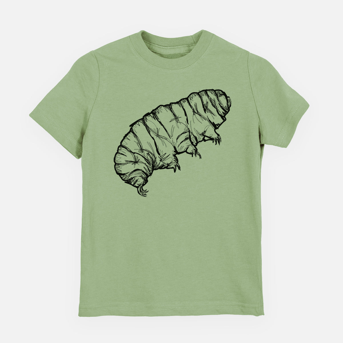 Sage green youth t-shirt laid flat, printed with a detailed black ink illustration of a tardigrade, or water bear.