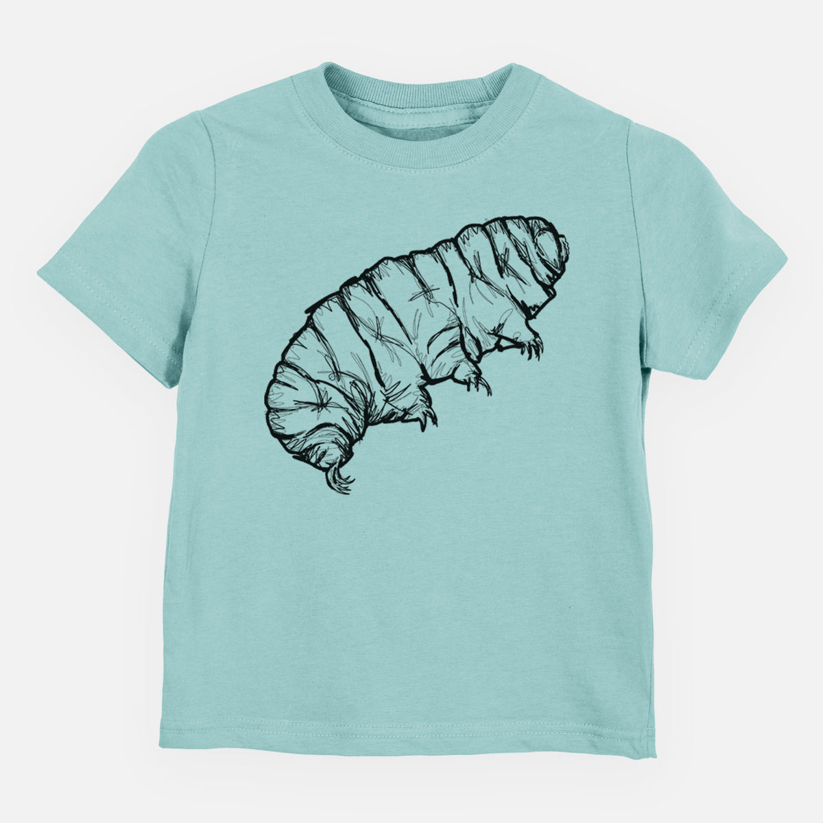 Saltwater toddler t-shirt laid flat, printed with a detailed black ink illustration of a tardigrade, or water bear.