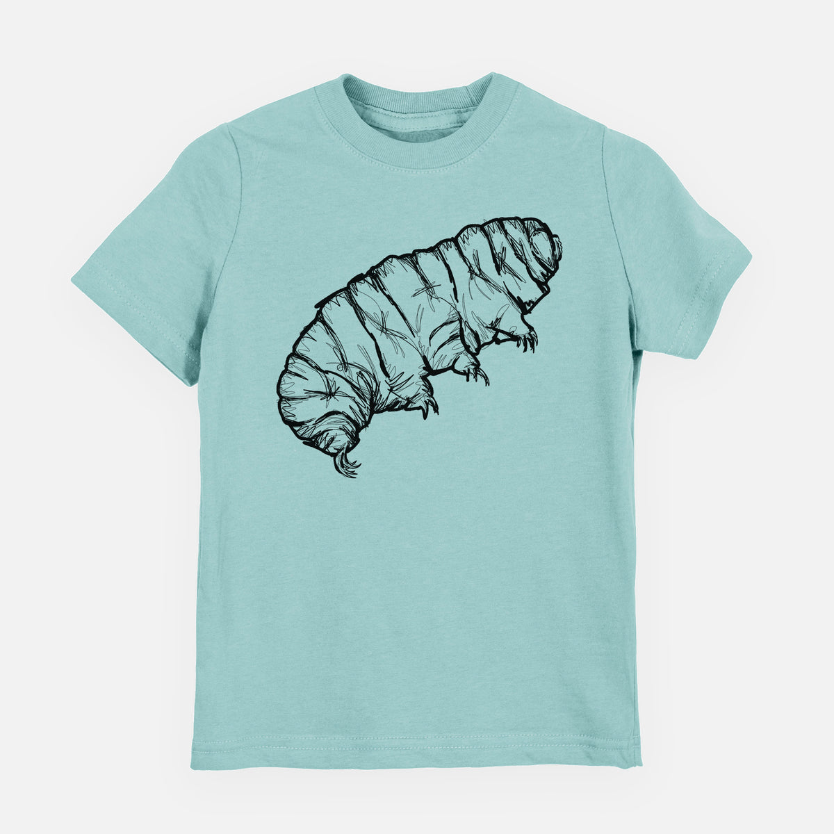 Saltwater youth t-shirt laid flat, printed with a detailed black ink illustration of a tardigrade, or water bear.