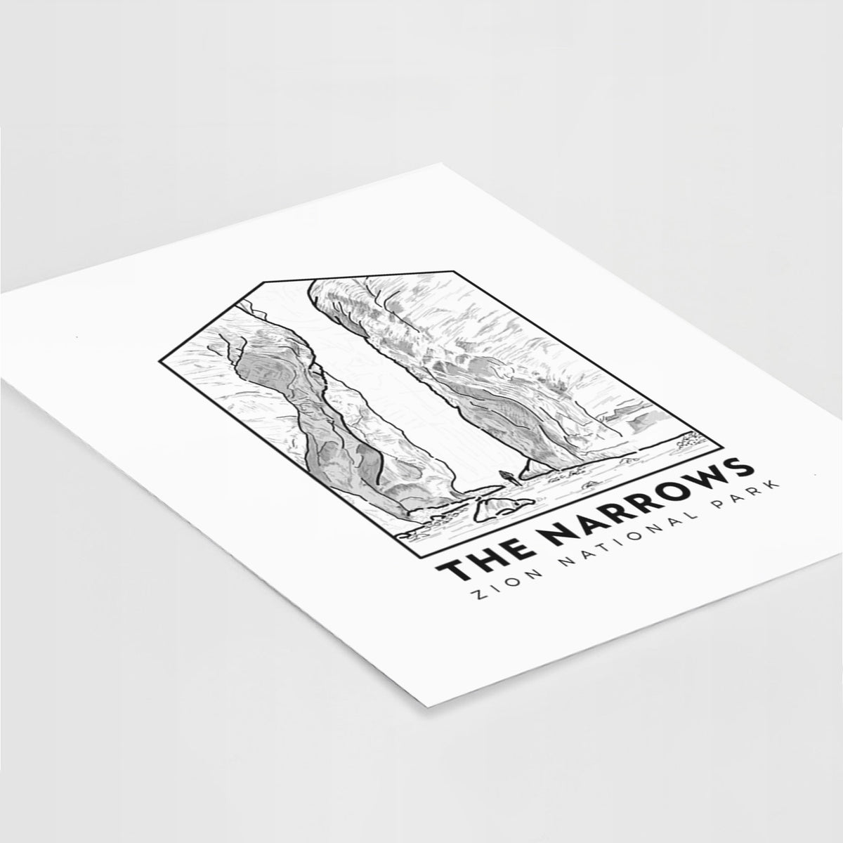 Art print of a black line art badge of the tall canyon walls of The Narrows, with the words The Narrows, lying at an angle on a white surface.