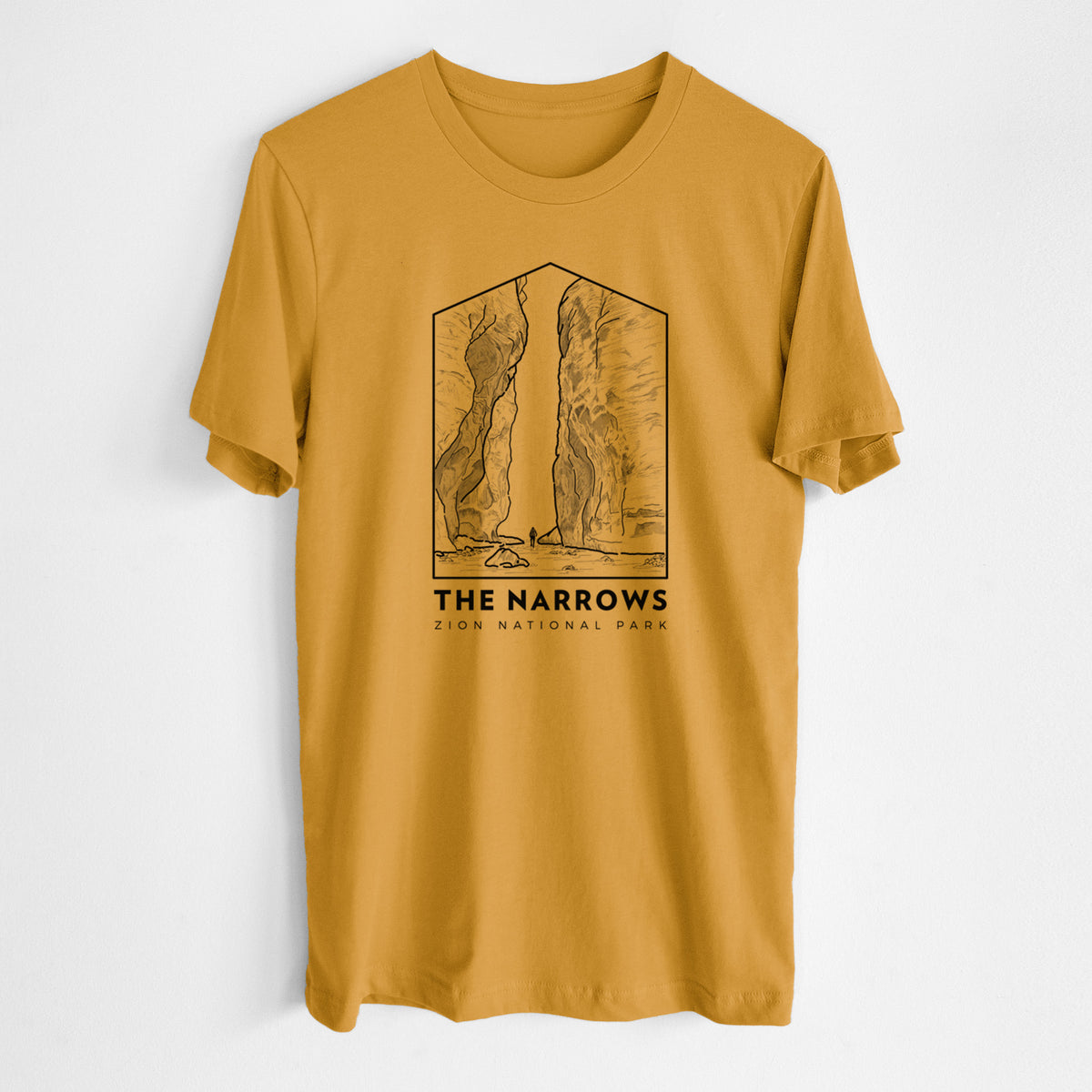 Honeycomb yellow lightweight cotton t-shirt laid flat, printed with a black line art badge of the tall canyon walls of The Narrows, with the words The Narrows.