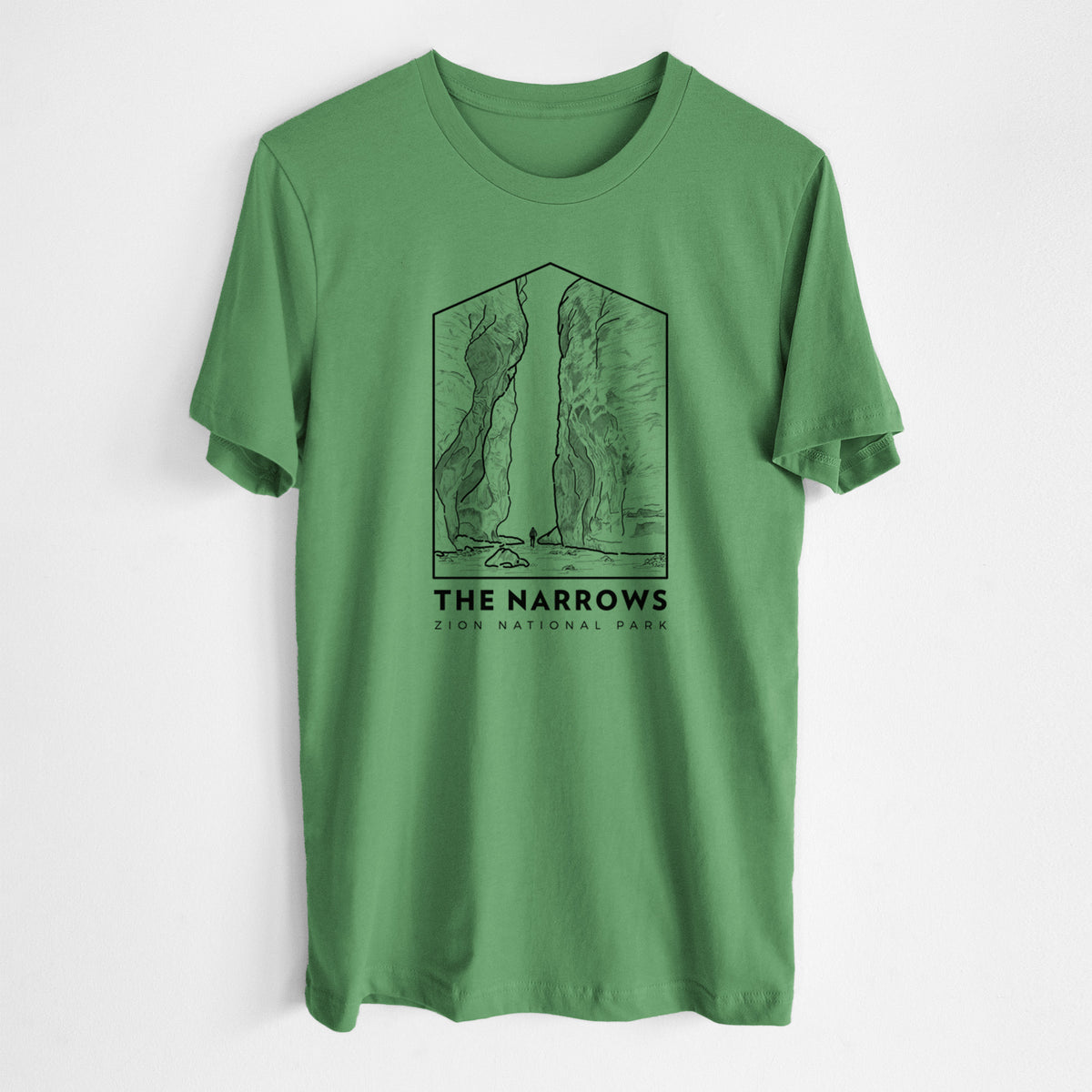 Leaf green lightweight cotton t-shirt laid flat, printed with a black line art badge of the tall canyon walls of The Narrows, with the words The Narrows.