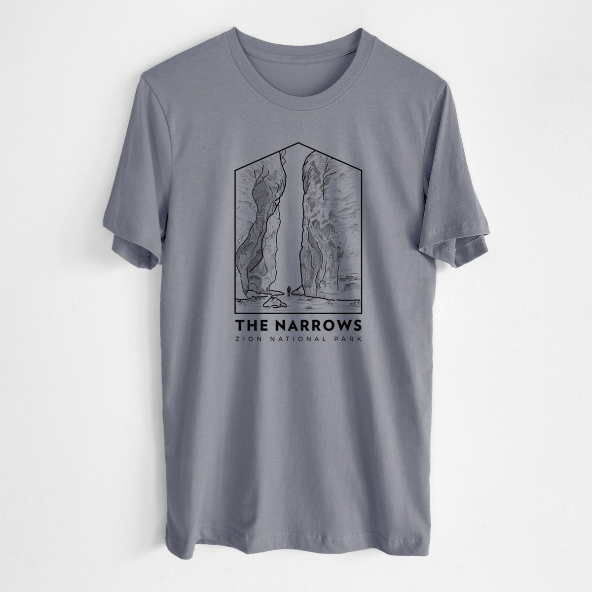 Storm grey lightweight cotton t-shirt laid flat, printed with a black line art badge of the tall canyon walls of The Narrows, with the words The Narrows.